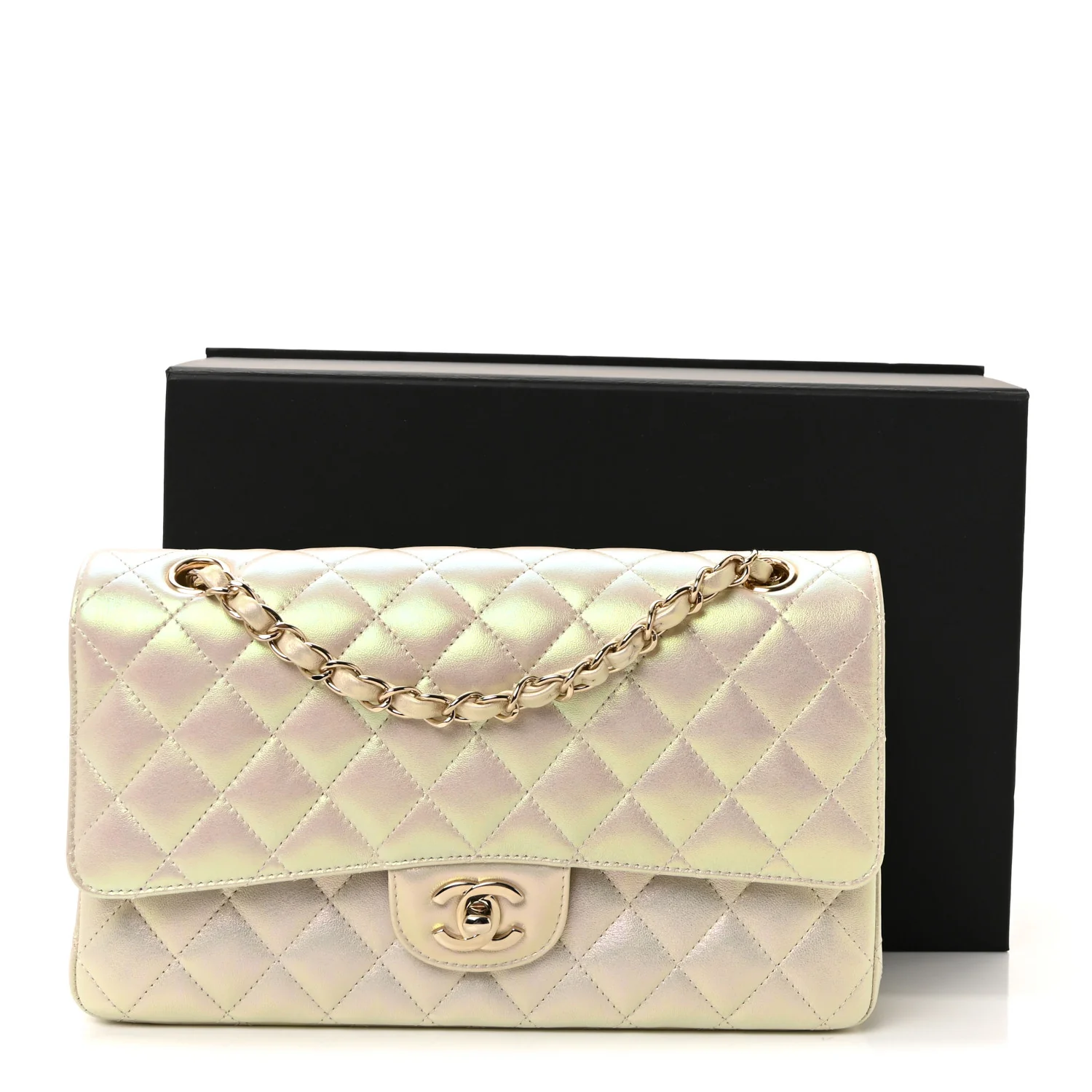 Iridescent Lambskin Quilted Medium Double Flap Ivory - Image 11