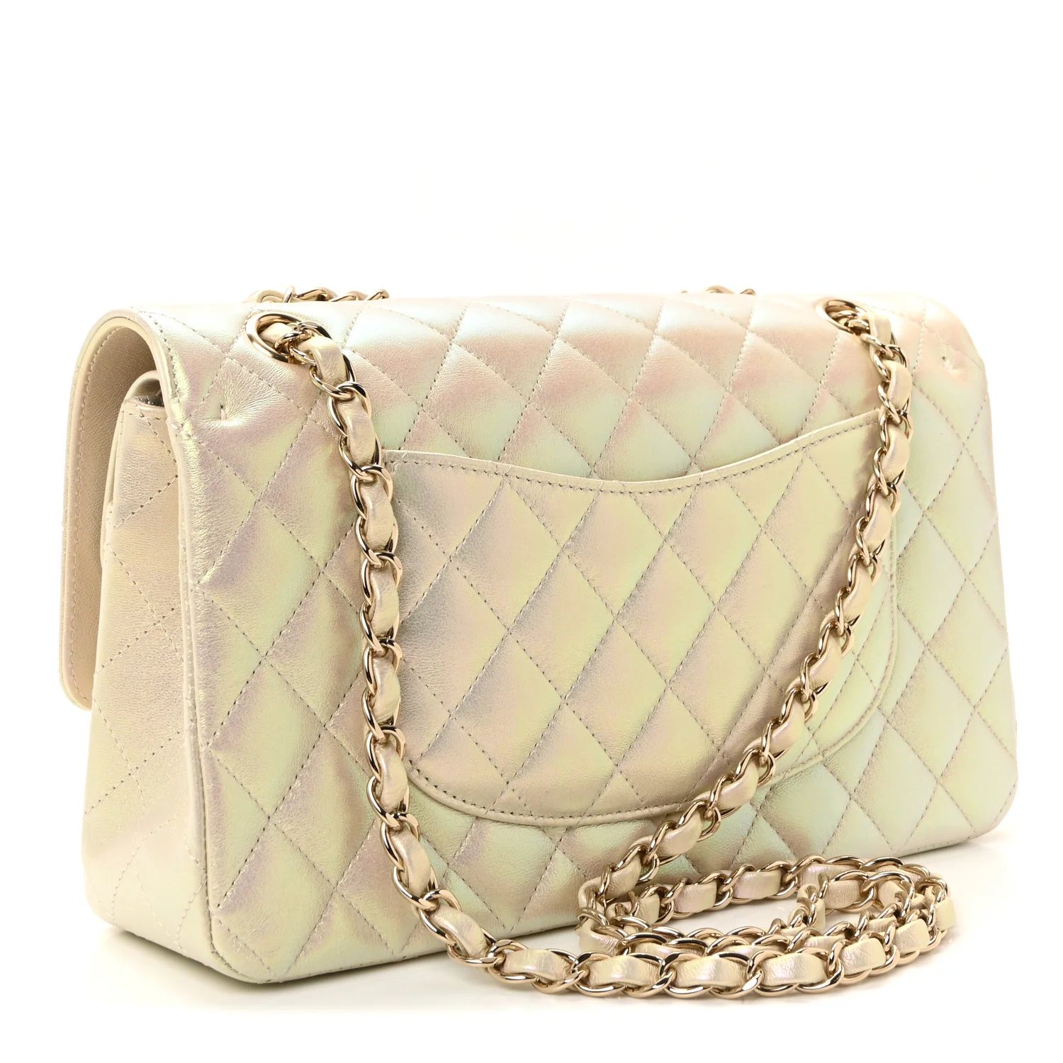 Iridescent Lambskin Quilted Medium Double Flap Ivory - Image 3