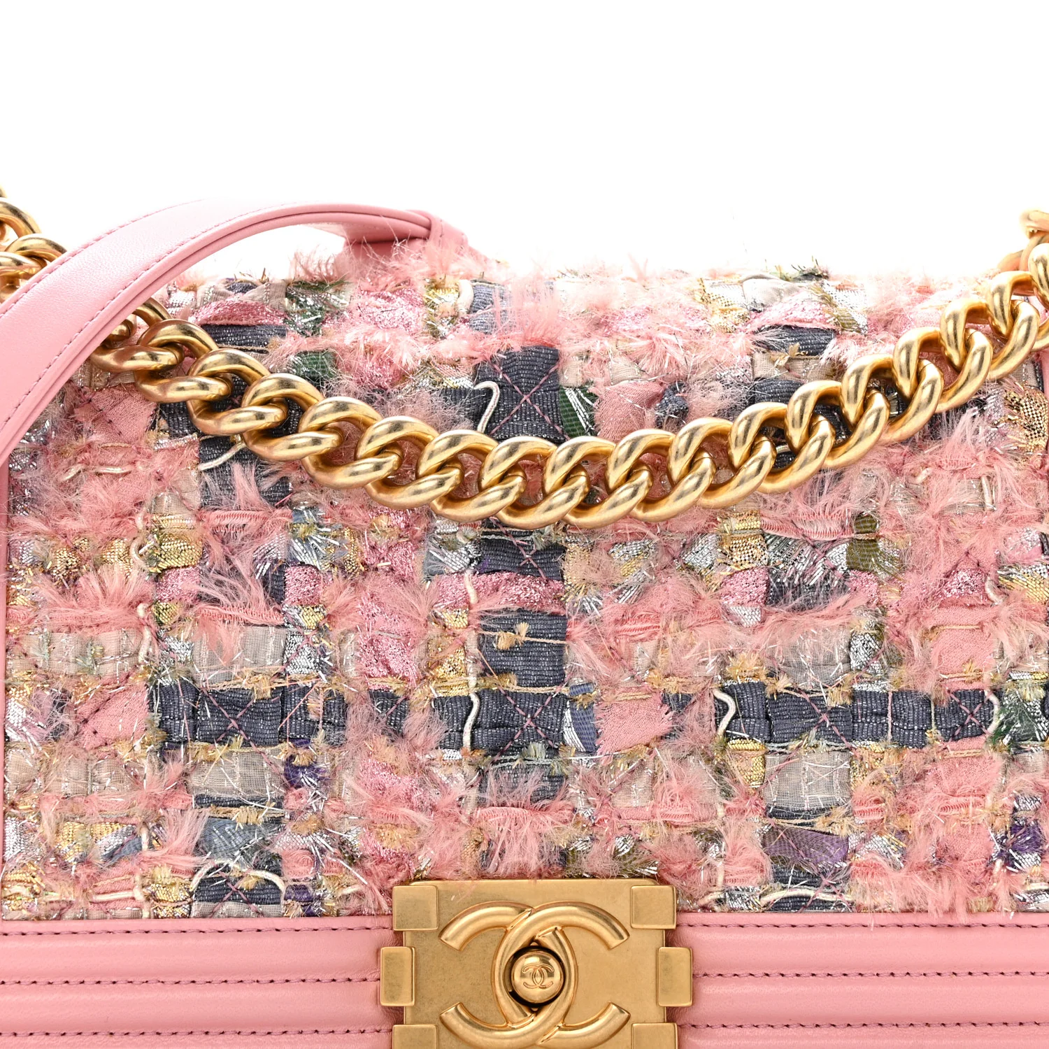 Iridescent Tweed Lambskin Medium Boy Flap Pink - Image 8