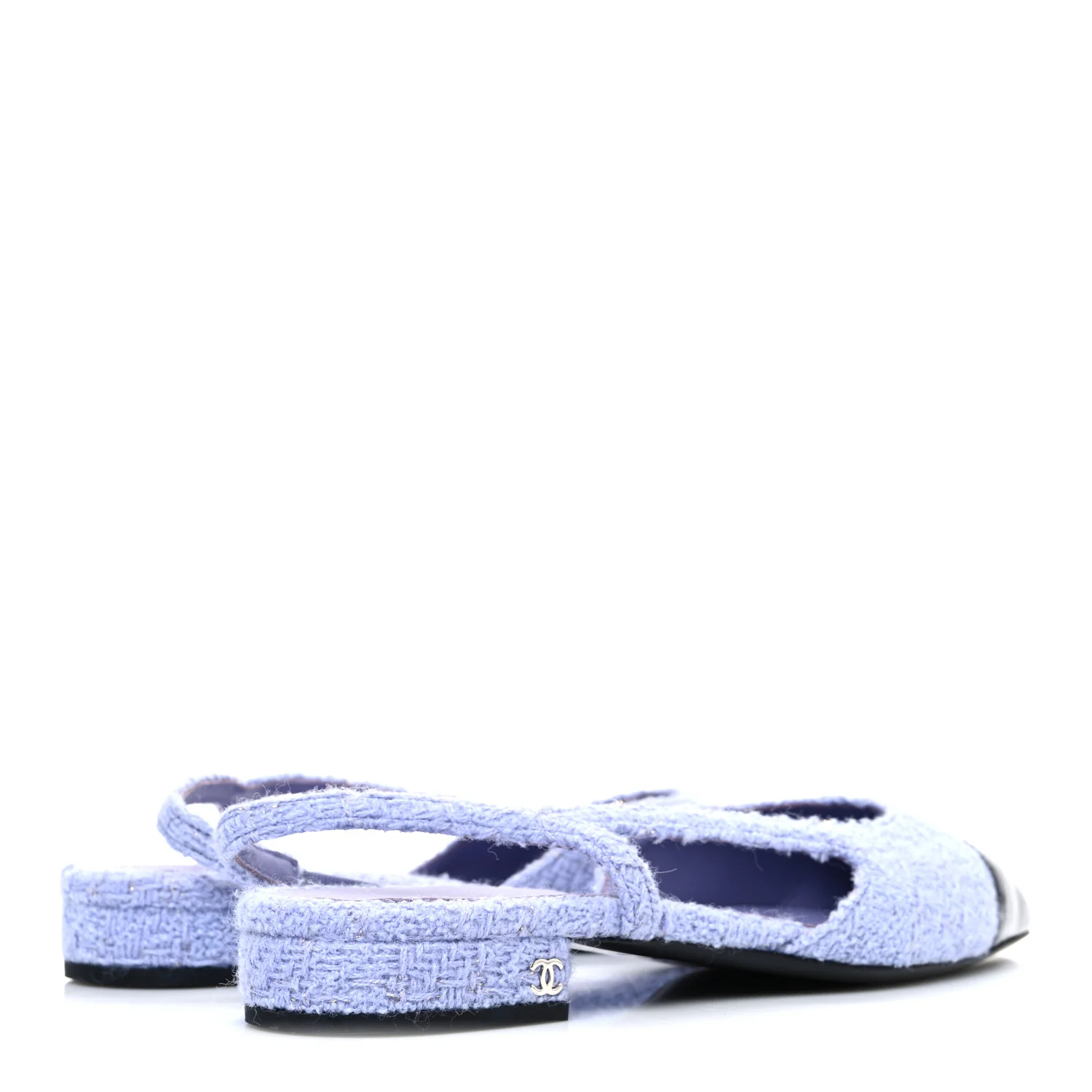 Iridescent Wool Tweed Patent Cap Toe CC Slingback Flats 40 Light Purple Silver Black - Image 5