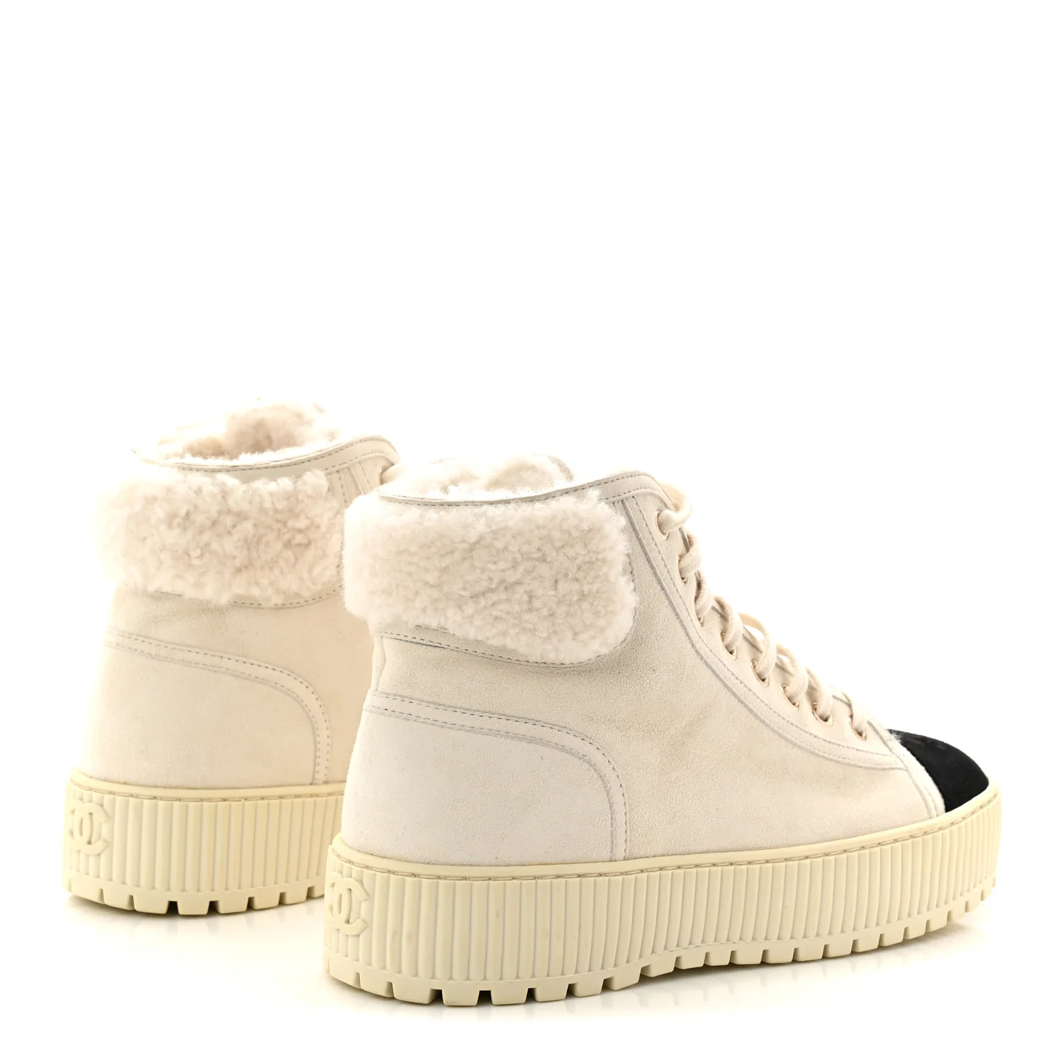 Kid Suede Shearling Sheepskin Lace Up Boots 38 Ivory White Black - Image 4