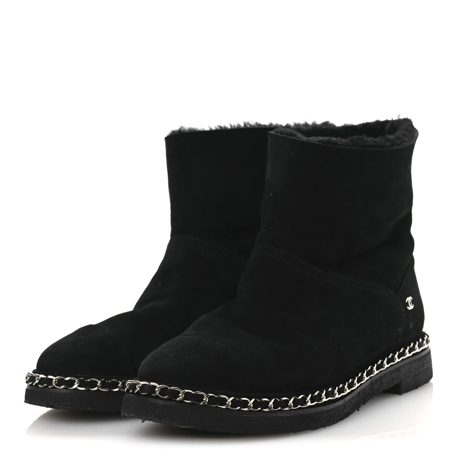 Kid Suede Shearling Womens Cap Toe Chain Short Boots 38 Black - Image 4