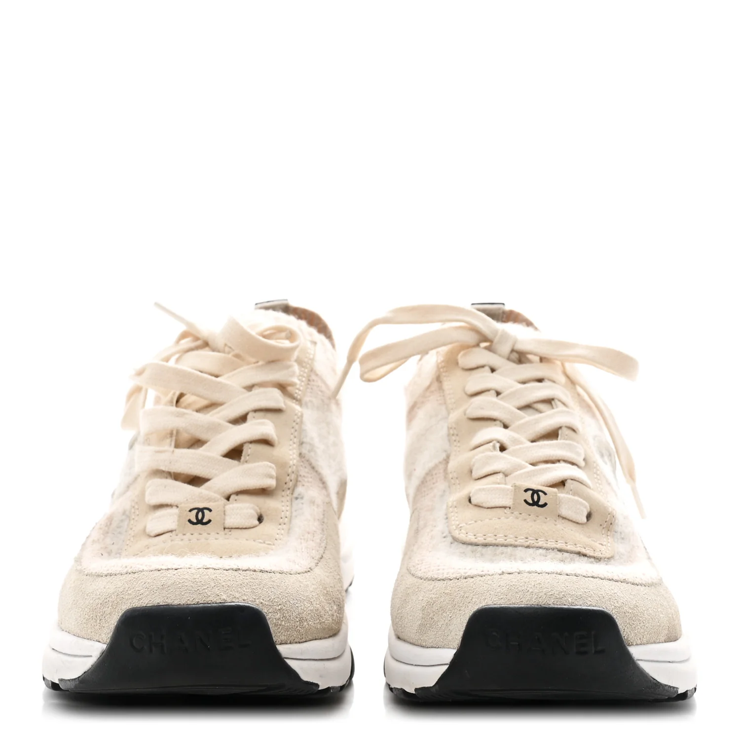 Knit Fabric Suede Calfskin Womens CC Sneakers 38.5 Ivory - Image 3