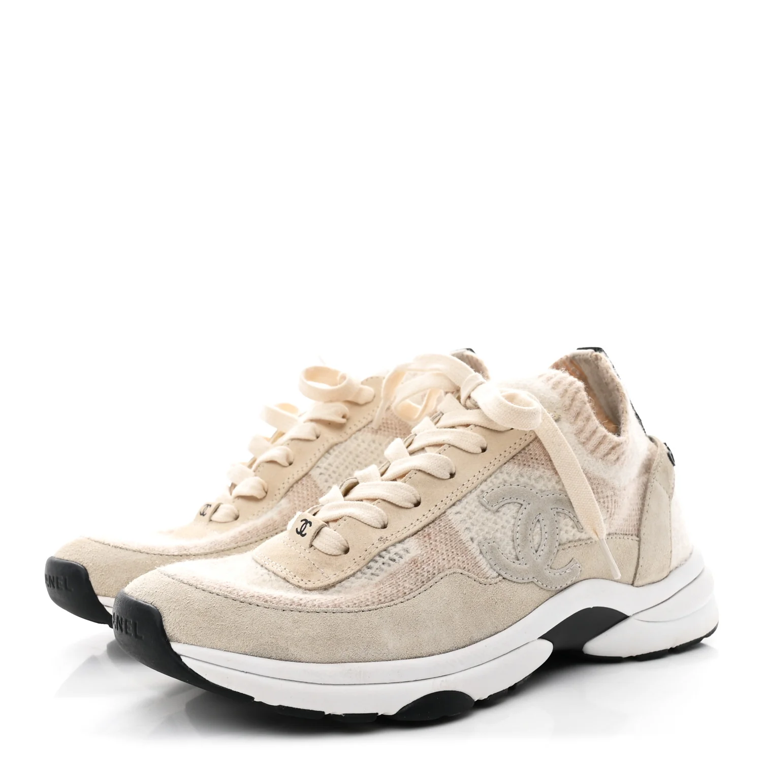 Knit Fabric Suede Calfskin Womens CC Sneakers 38.5 Ivory - Image 4