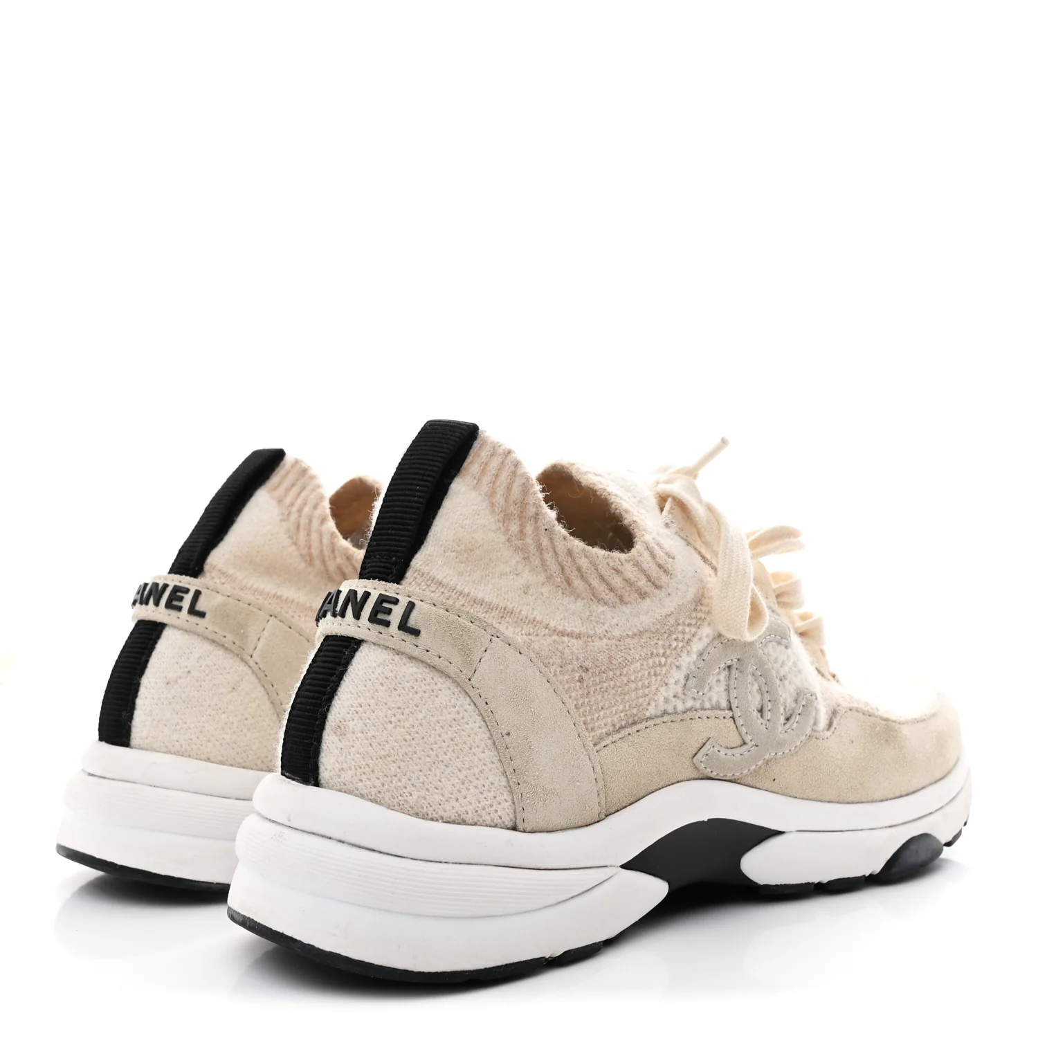 Knit Fabric Suede Calfskin Womens CC Sneakers 38.5 Ivory - Image 5