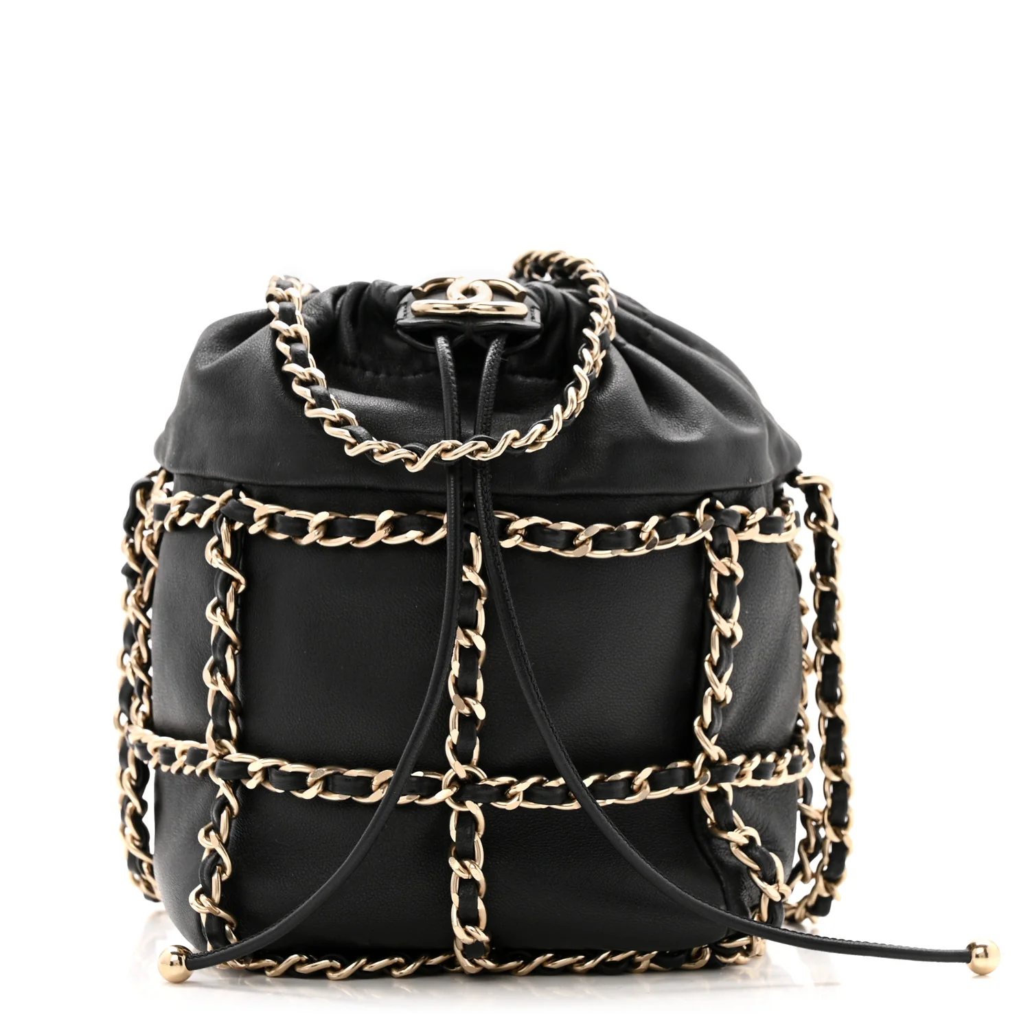 Lambskin Bucket Chain Drawstring Bag Black