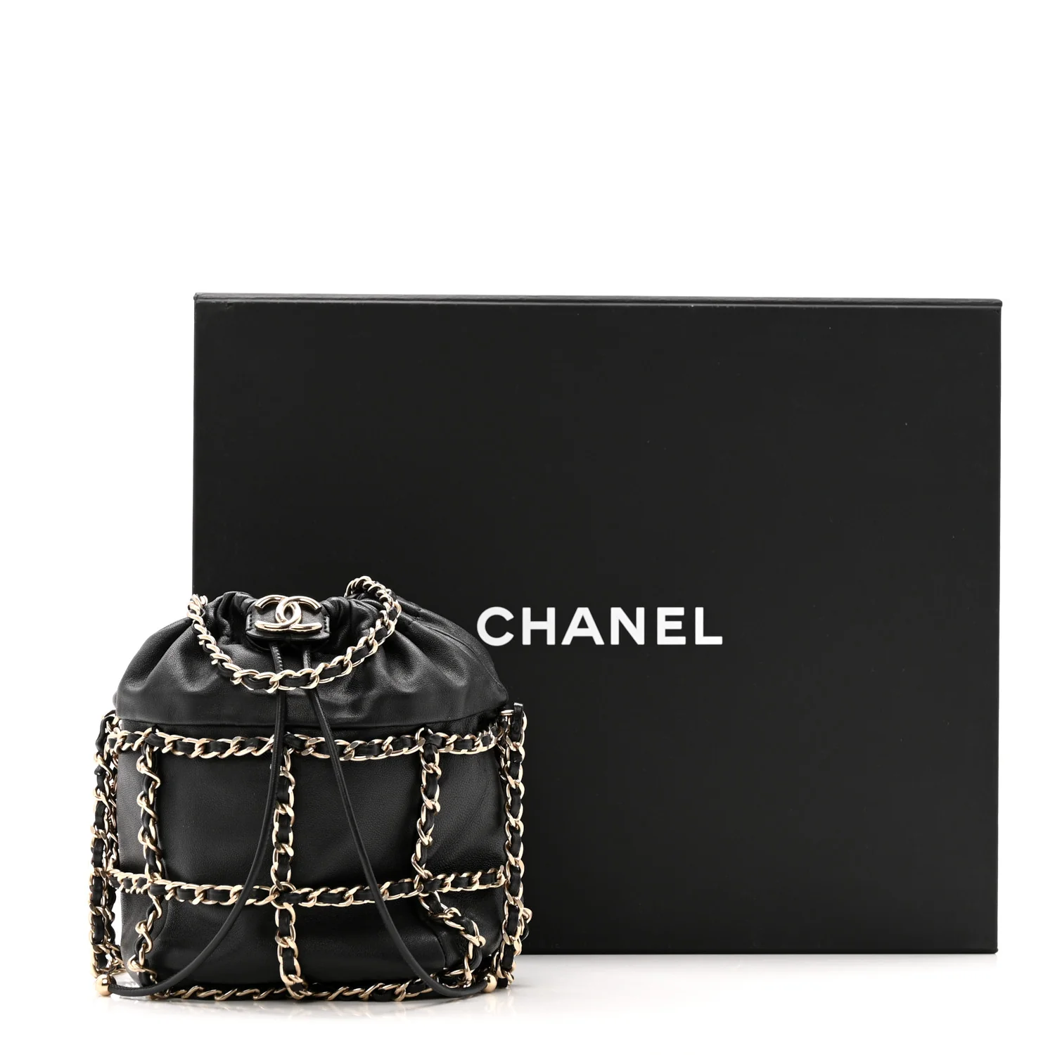 Lambskin Bucket Chain Drawstring Bag Black - Image 13