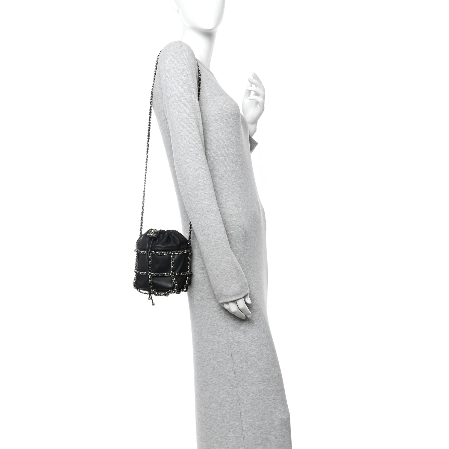 Lambskin Bucket Chain Drawstring Bag Black - Image 2