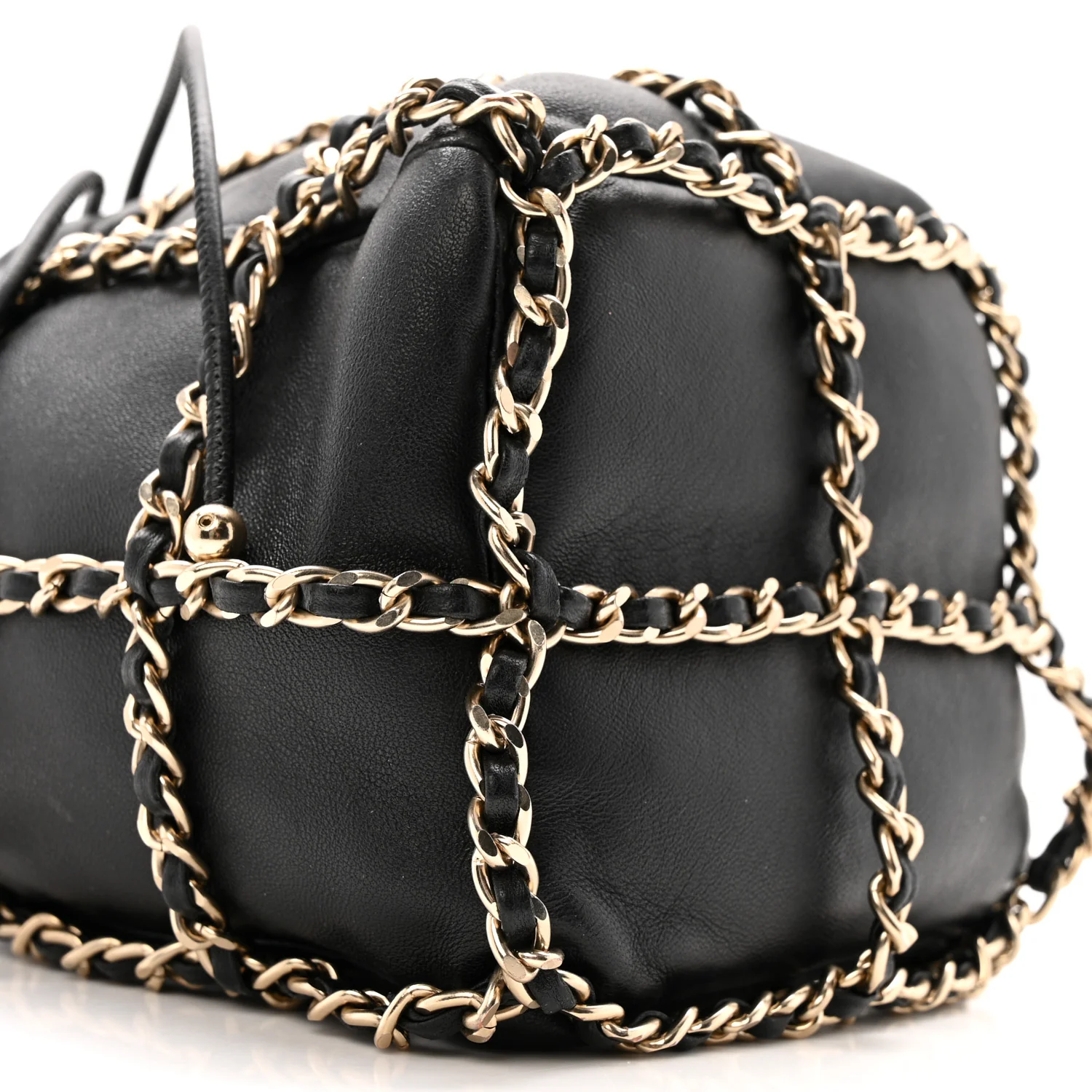 Lambskin Bucket Chain Drawstring Bag Black - Image 9