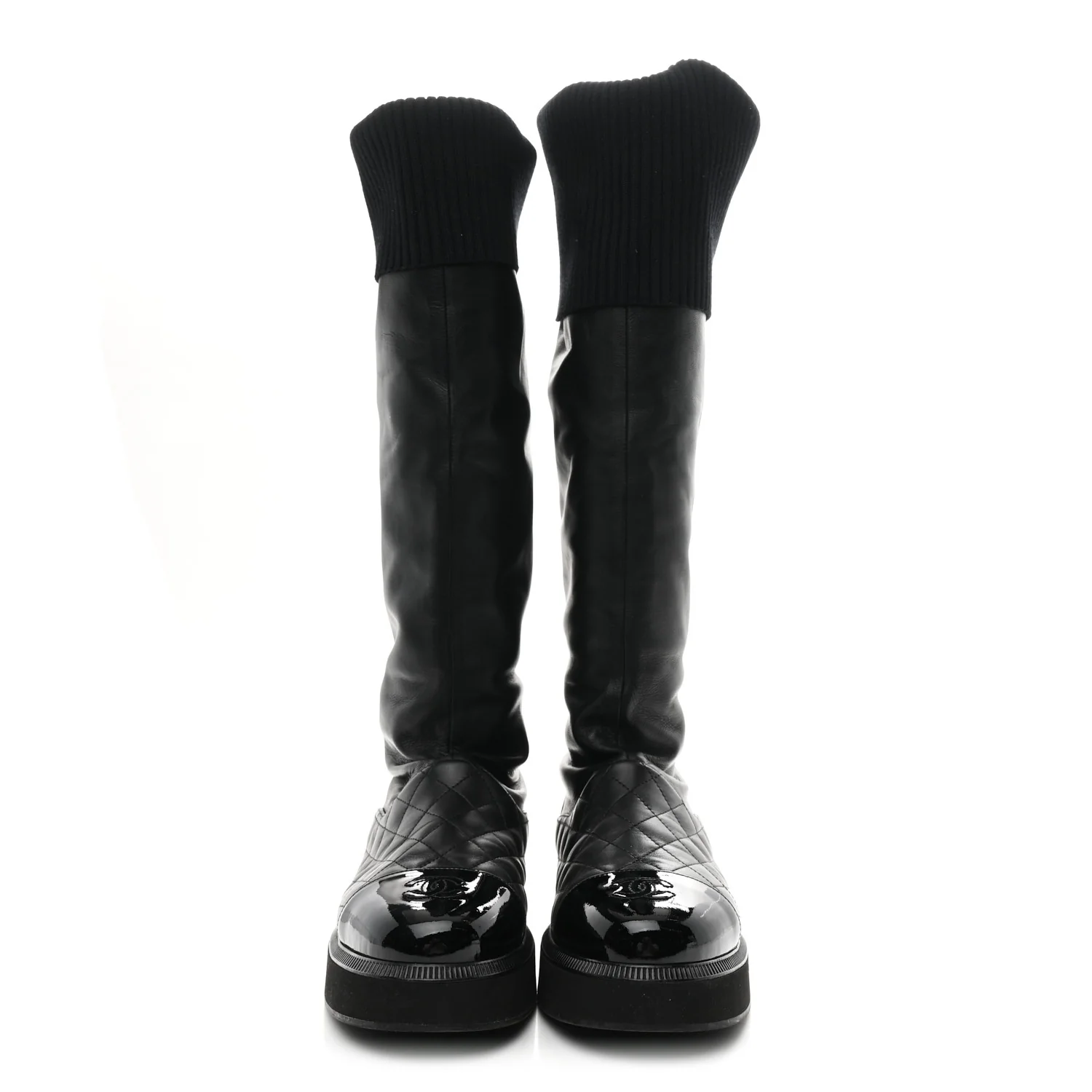 Lambskin Calfskin Quilted Knit Womens High Boots 39.5 Black - Image 3