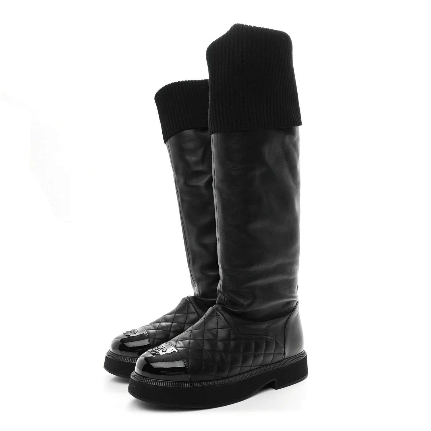 Lambskin Calfskin Quilted Knit Womens High Boots 39.5 Black - Image 4
