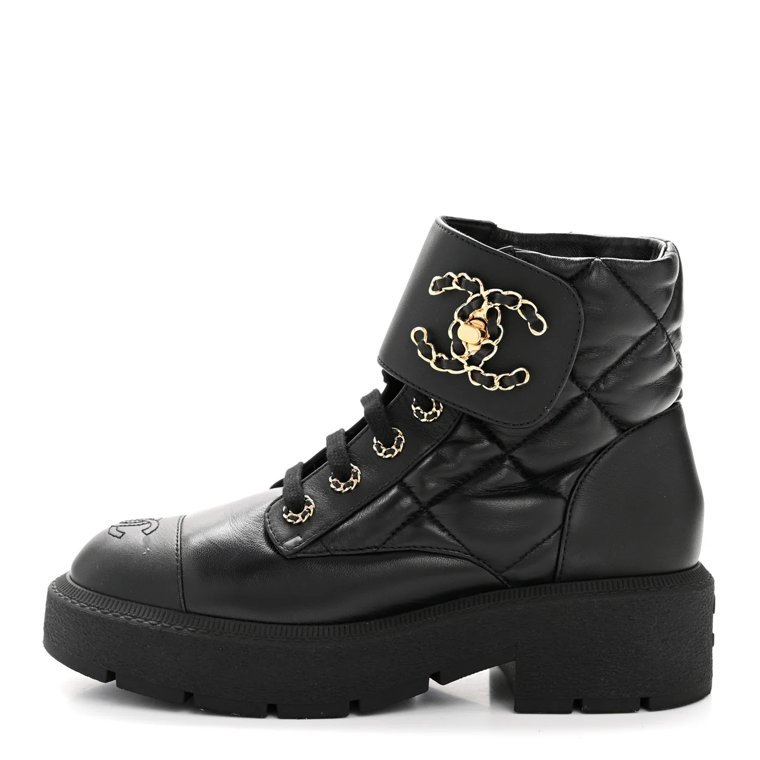 Lambskin Calfskin Quilted Lace Up Combat Boots 38 Black