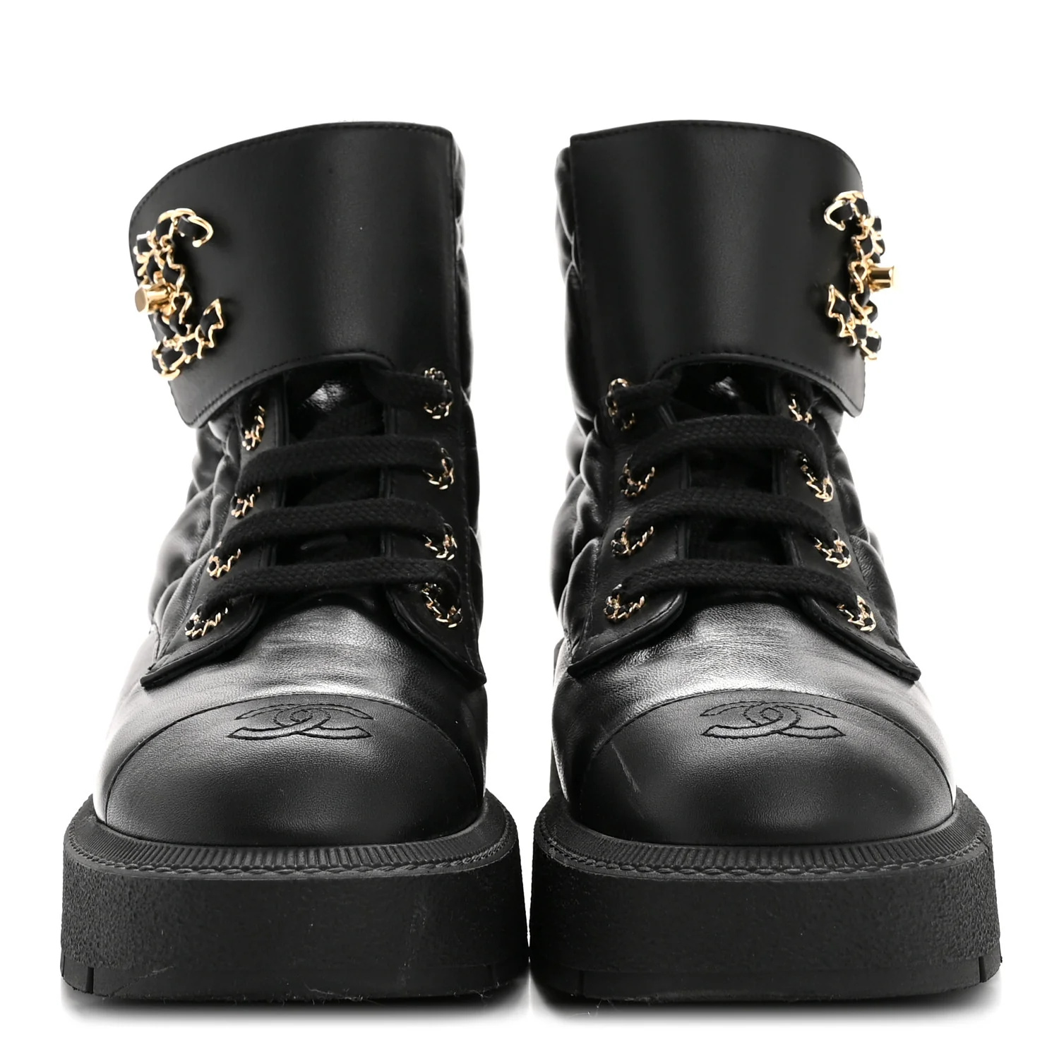 Lambskin Calfskin Quilted Lace Up Combat Boots 38 Black - Image 3