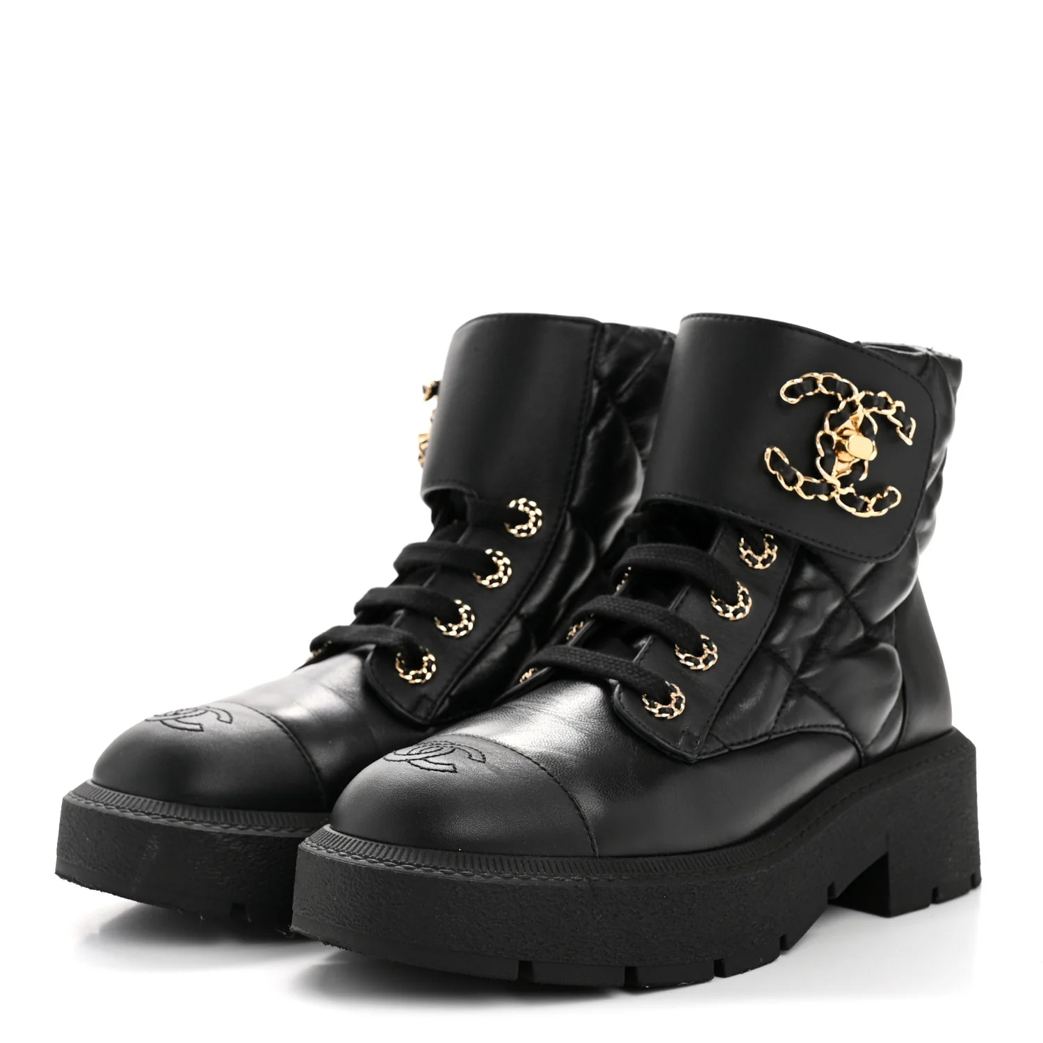Lambskin Calfskin Quilted Lace Up Combat Boots 38 Black - Image 4