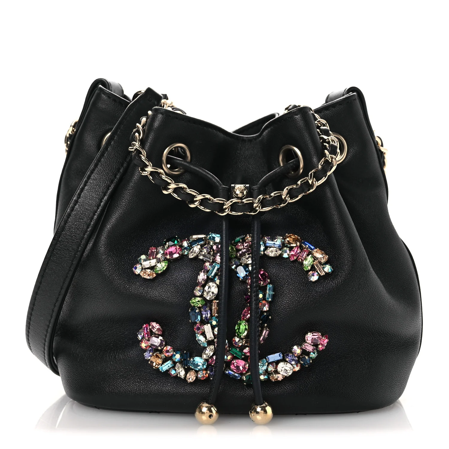 Lambskin Calfskin Quilted Mini Strass Mania Drawstring Bucket Bag Black