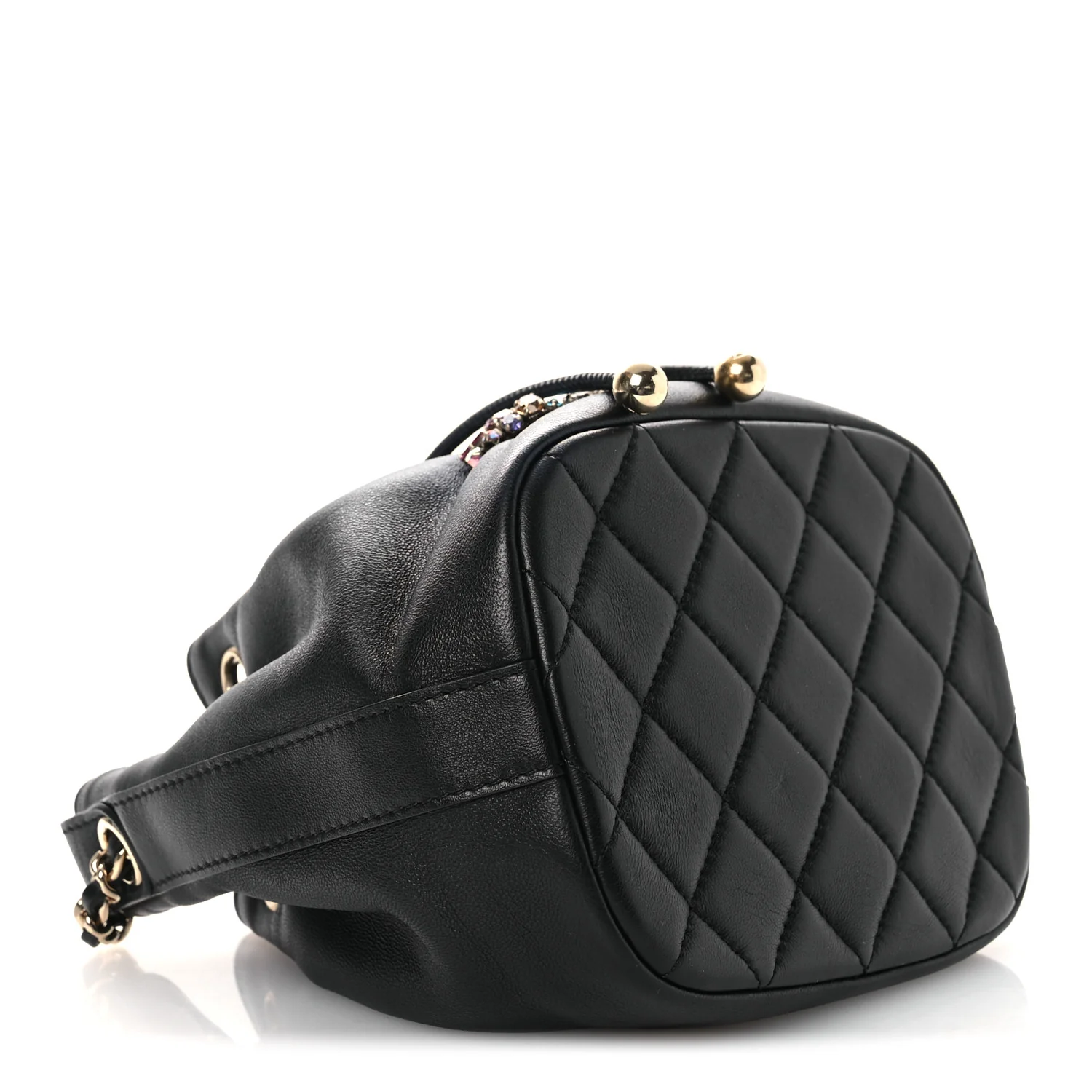 Lambskin Calfskin Quilted Mini Strass Mania Drawstring Bucket Bag Black - Image 4