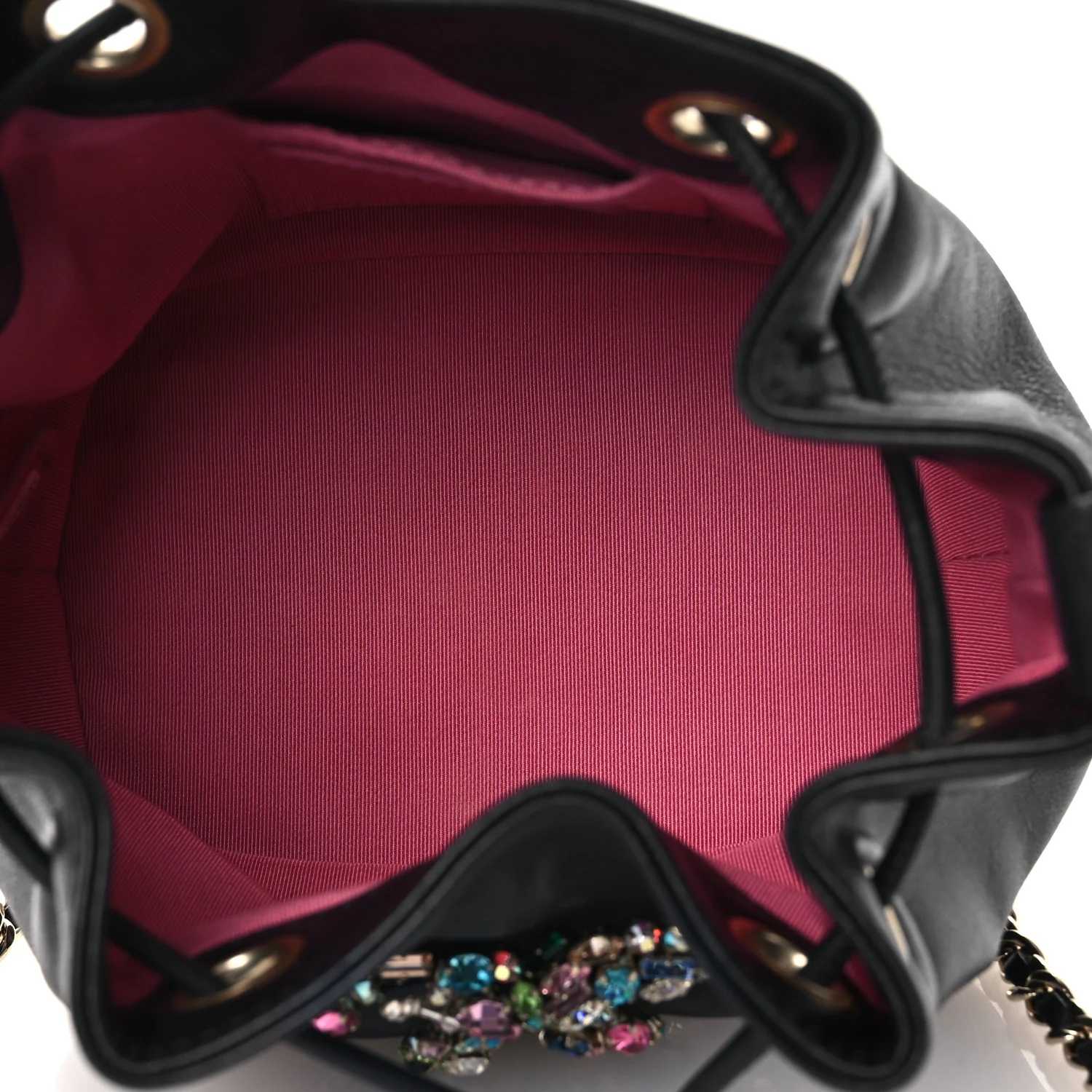 Lambskin Calfskin Quilted Mini Strass Mania Drawstring Bucket Bag Black - Image 5