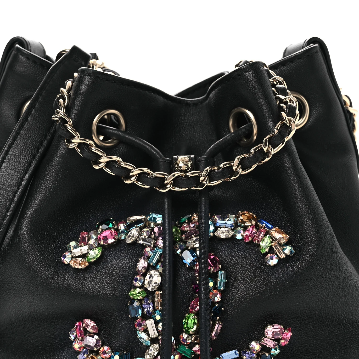 Lambskin Calfskin Quilted Mini Strass Mania Drawstring Bucket Bag Black - Image 8