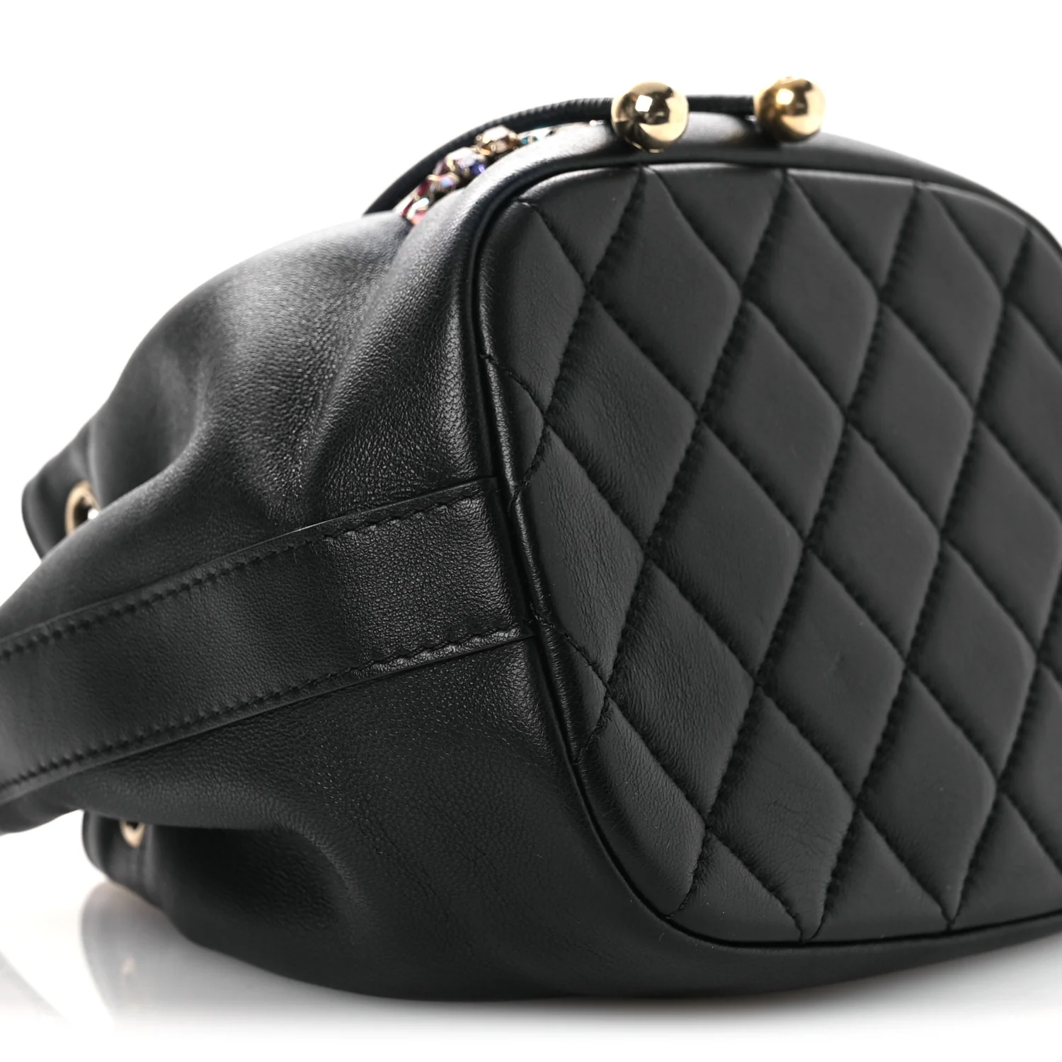 Lambskin Calfskin Quilted Mini Strass Mania Drawstring Bucket Bag Black - Image 9