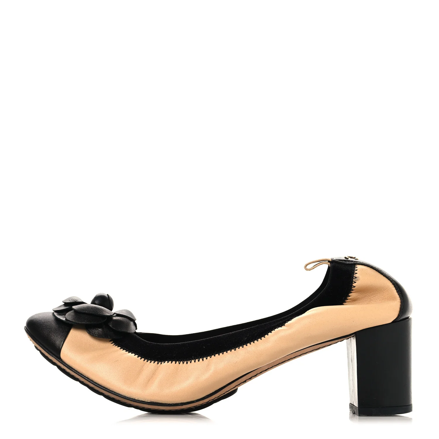 Lambskin Camellia CC Elastic Stretch Pumps 40 Beige Black
