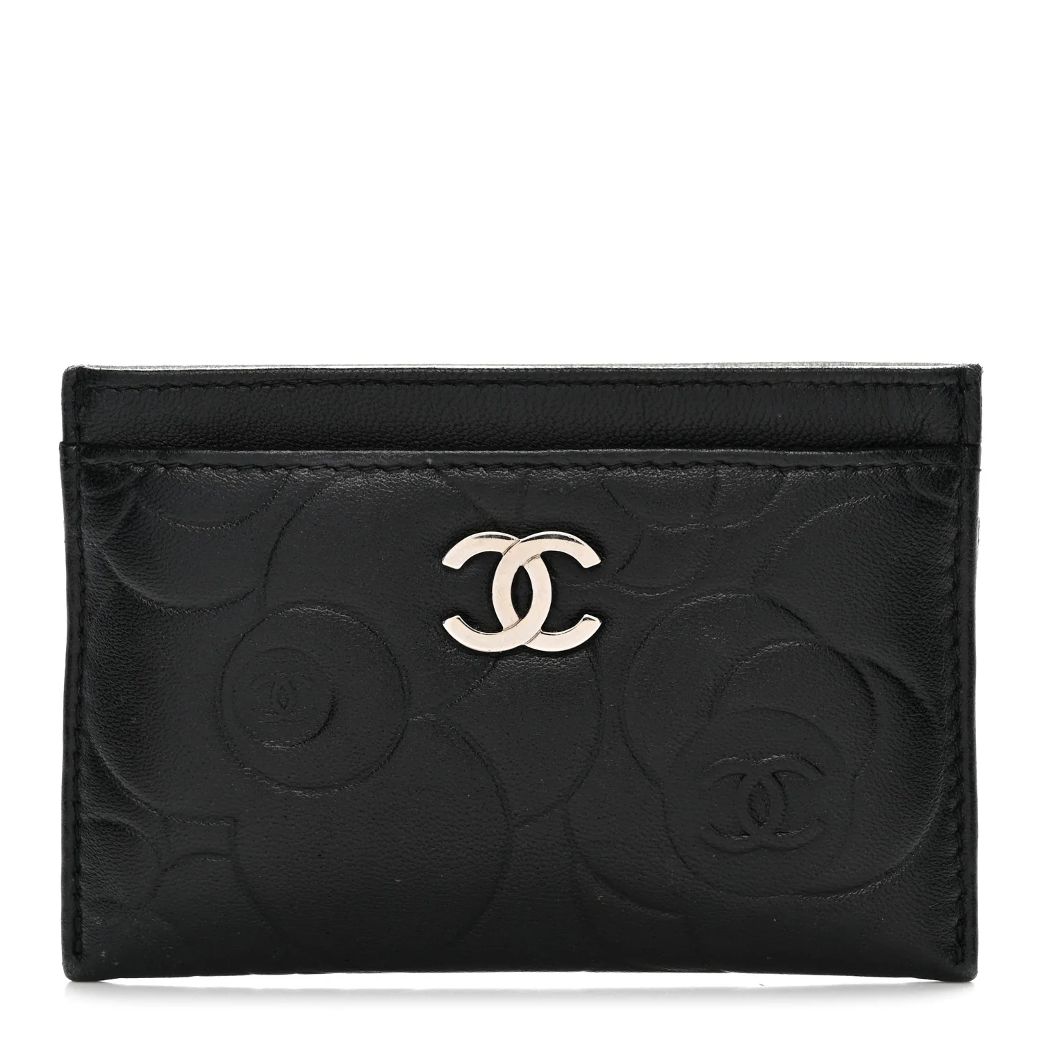 Lambskin Camellia Embossed Card Holder Black