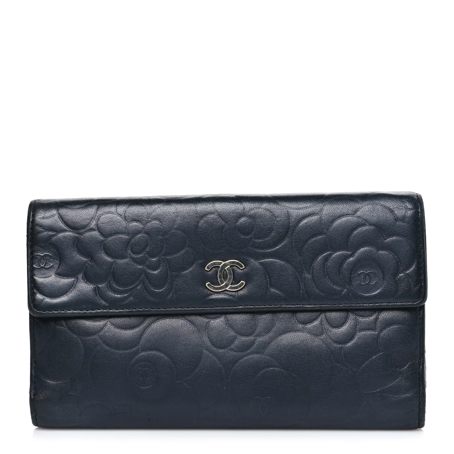 Lambskin Camellia Embossed Long Double Wallet Black