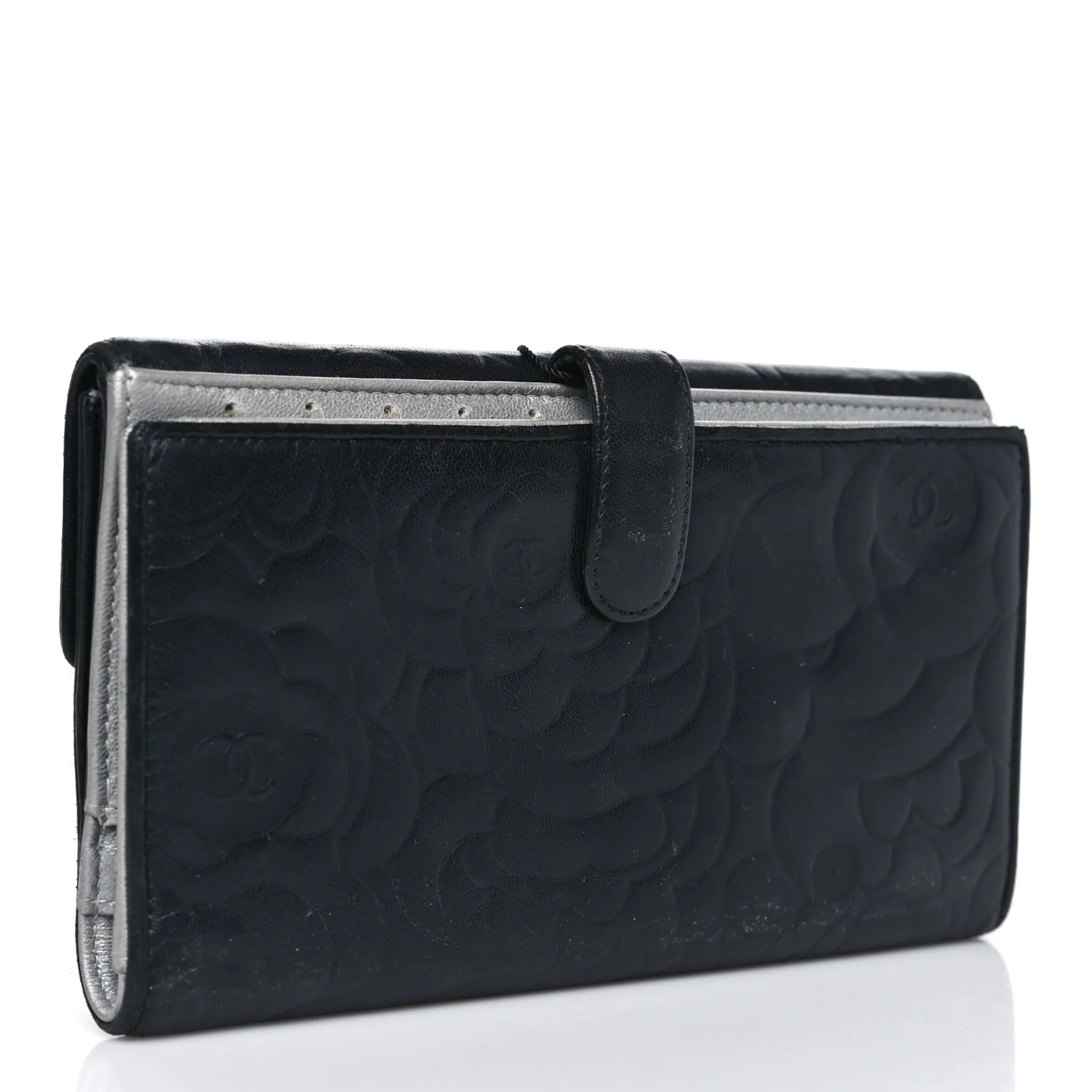 Lambskin Camellia Embossed Long Double Wallet Black - Image 3