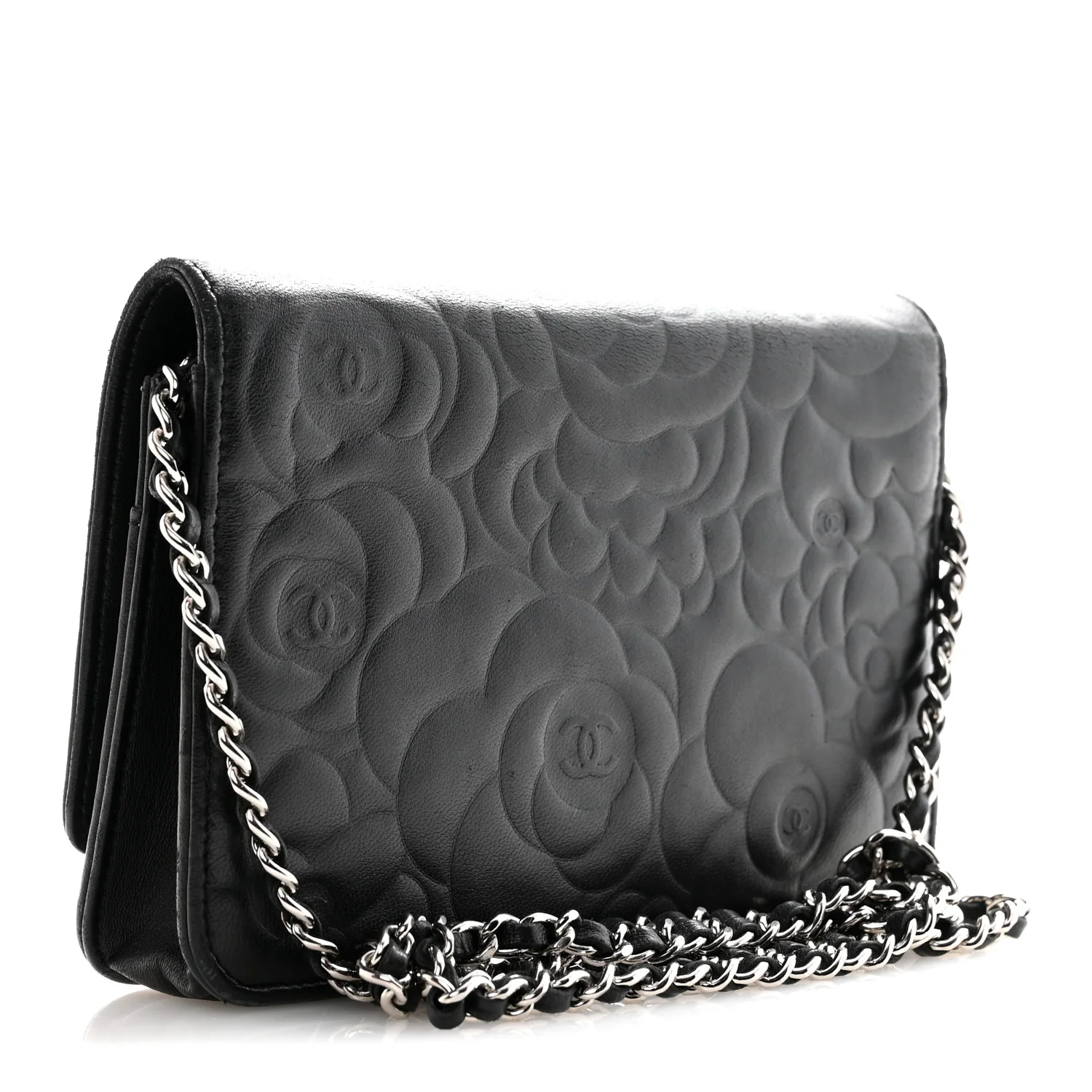 Lambskin Camellia Embossed Wallet On Chain WOC Black - Image 3