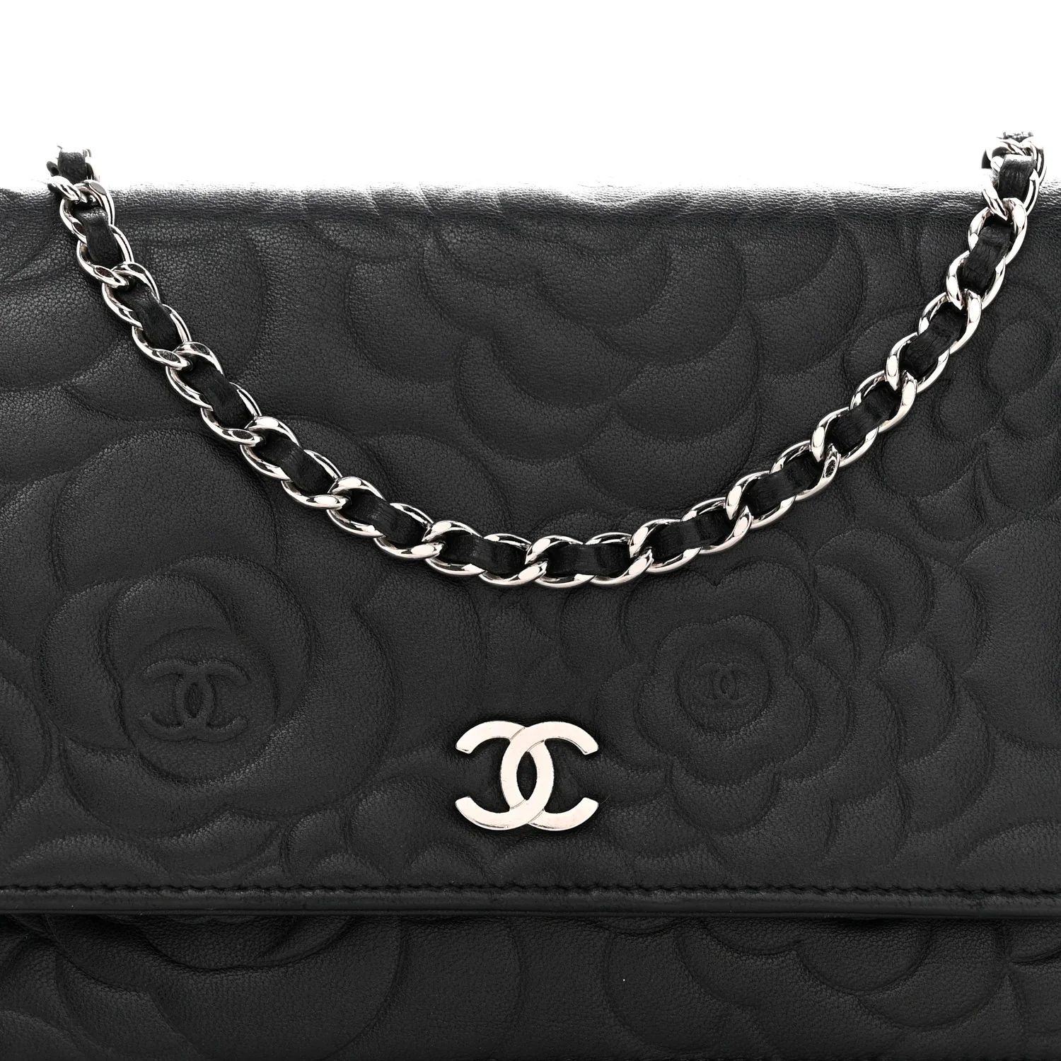 Lambskin Camellia Embossed Wallet On Chain WOC Black - Image 9