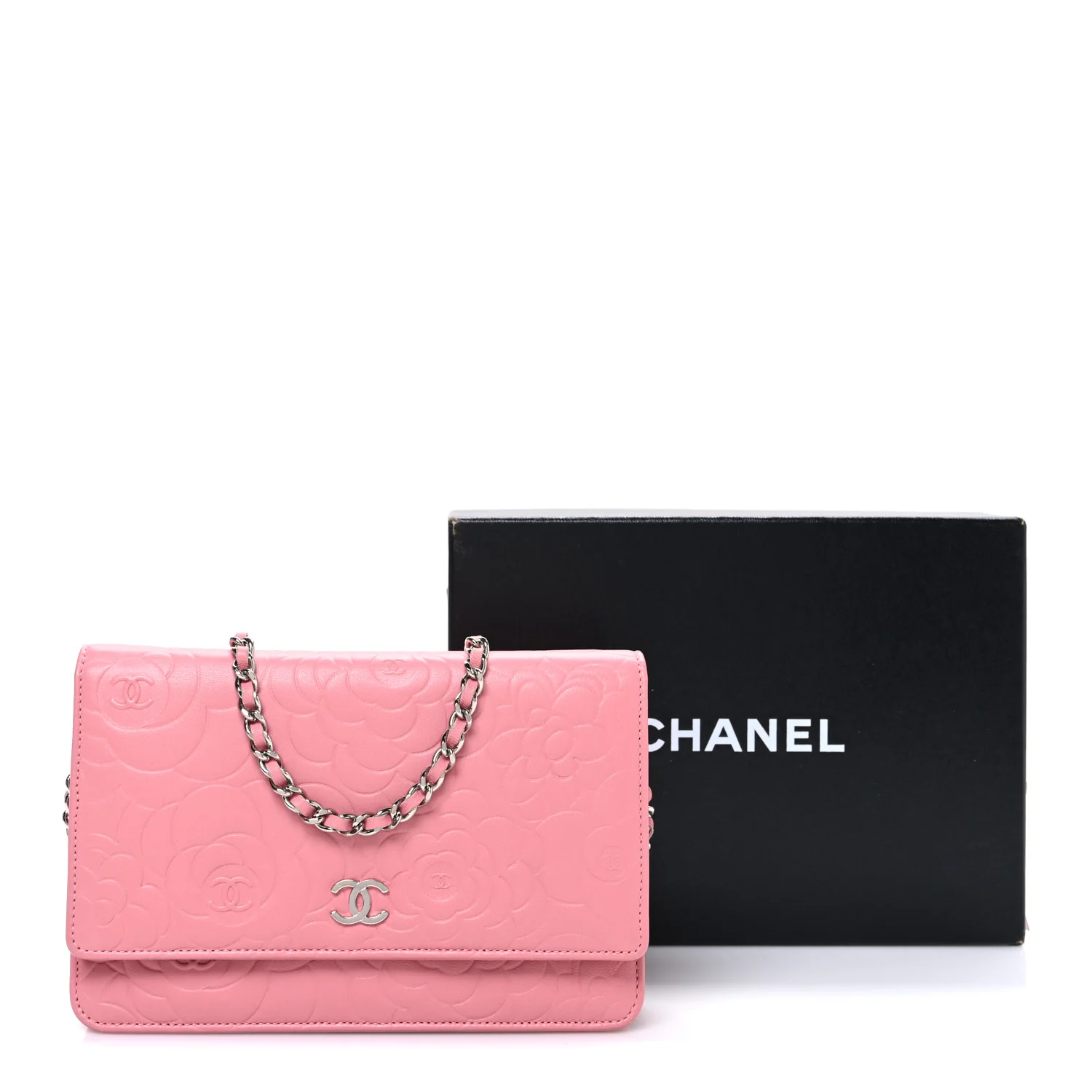 Lambskin Camellia Embossed Wallet on Chain WOC Pink - Image 13