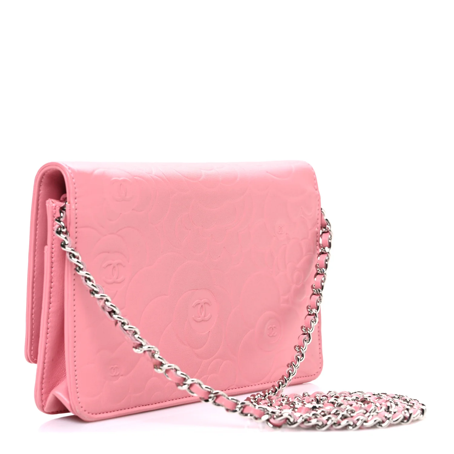Lambskin Camellia Embossed Wallet on Chain WOC Pink - Image 3