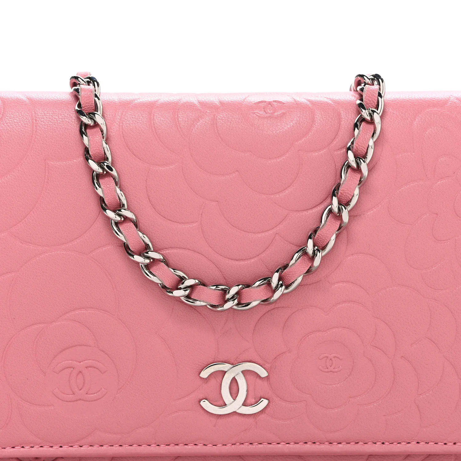 Lambskin Camellia Embossed Wallet on Chain WOC Pink - Image 9