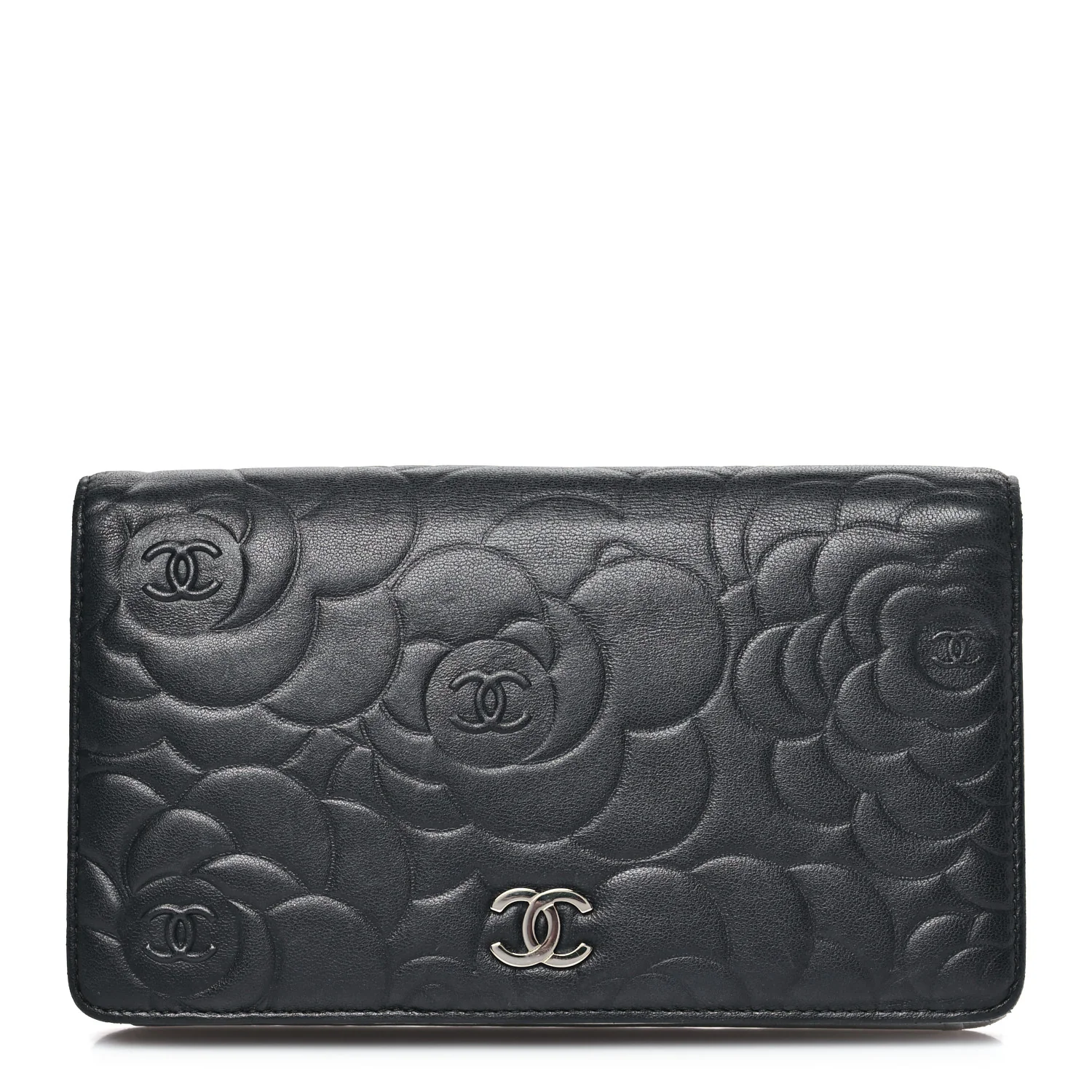 Lambskin Camellia Embossed Yen Wallet Black