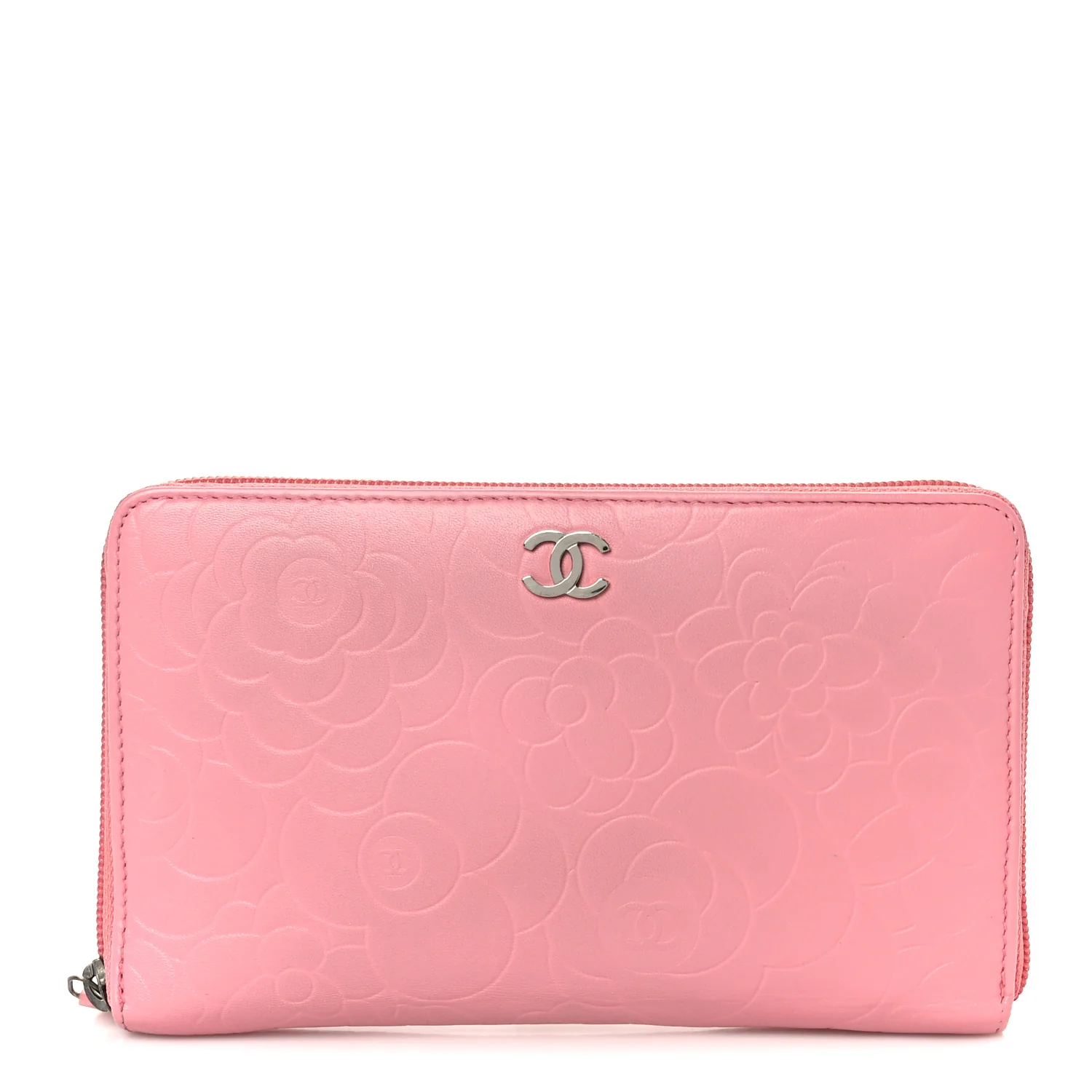 Lambskin Camellia Embossed Zip Around Organizer Wallet Pink