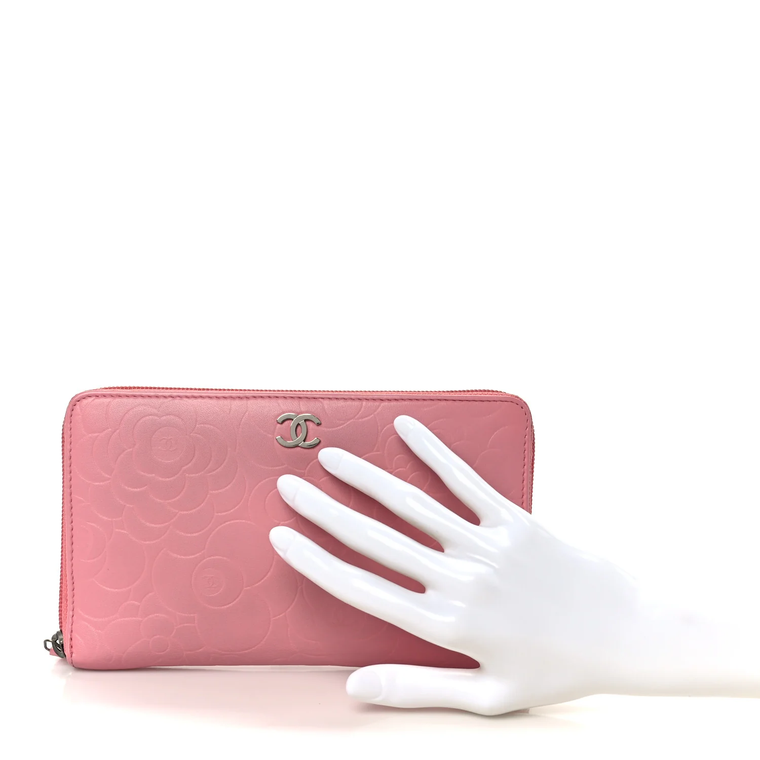 Lambskin Camellia Embossed Zip Around Organizer Wallet Pink - Image 2