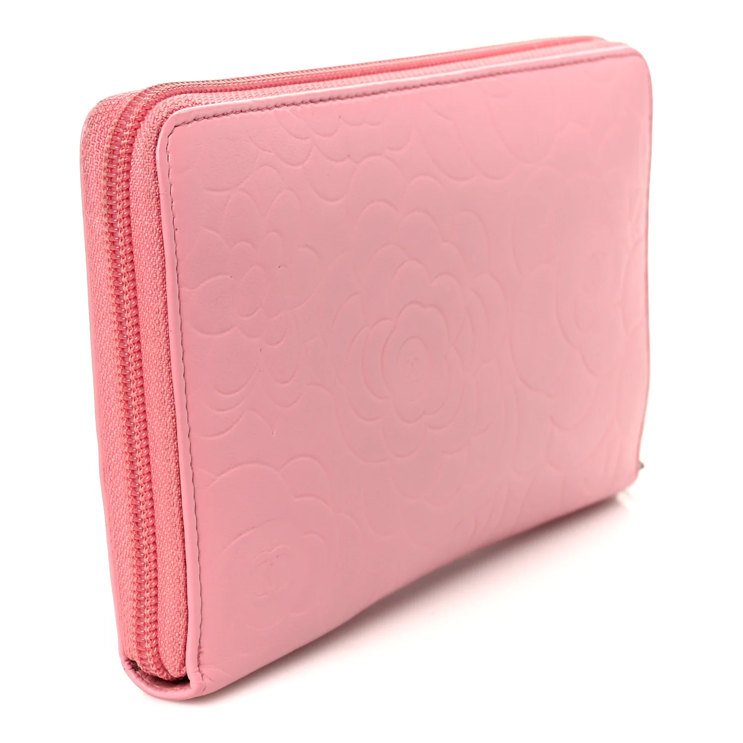 Lambskin Camellia Embossed Zip Around Organizer Wallet Pink - Image 3