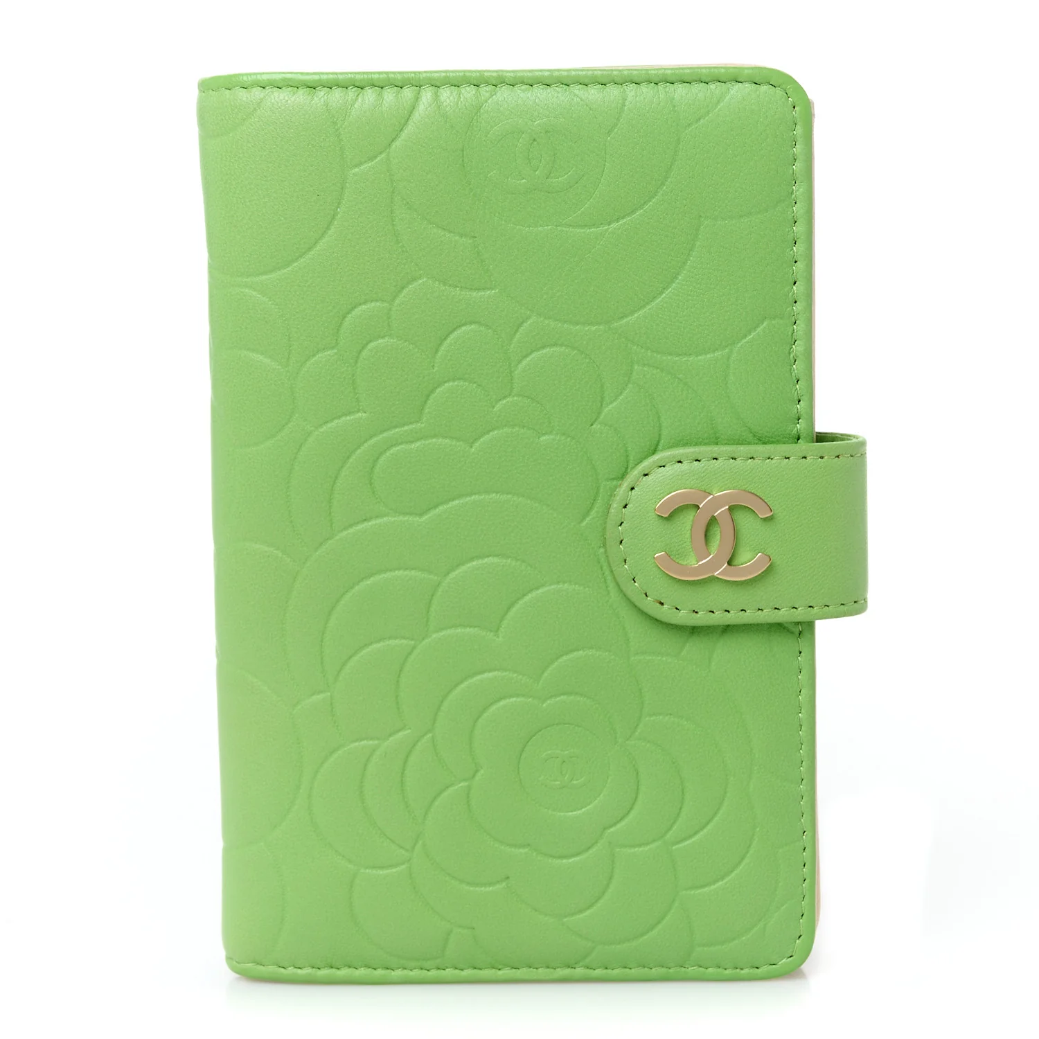 Lambskin Camellia Embossed Zipped Pocket Wallet Green