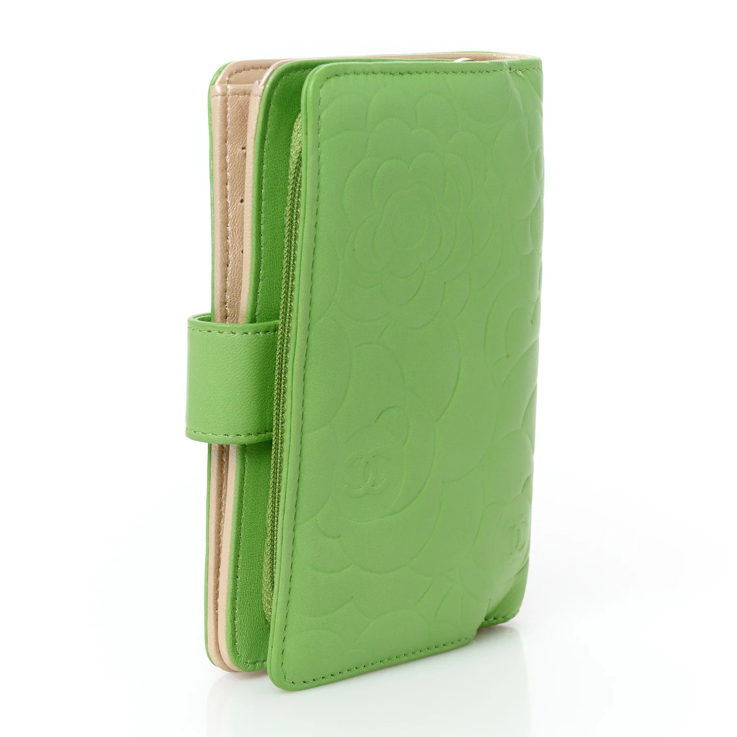Lambskin Camellia Embossed Zipped Pocket Wallet Green - Image 3
