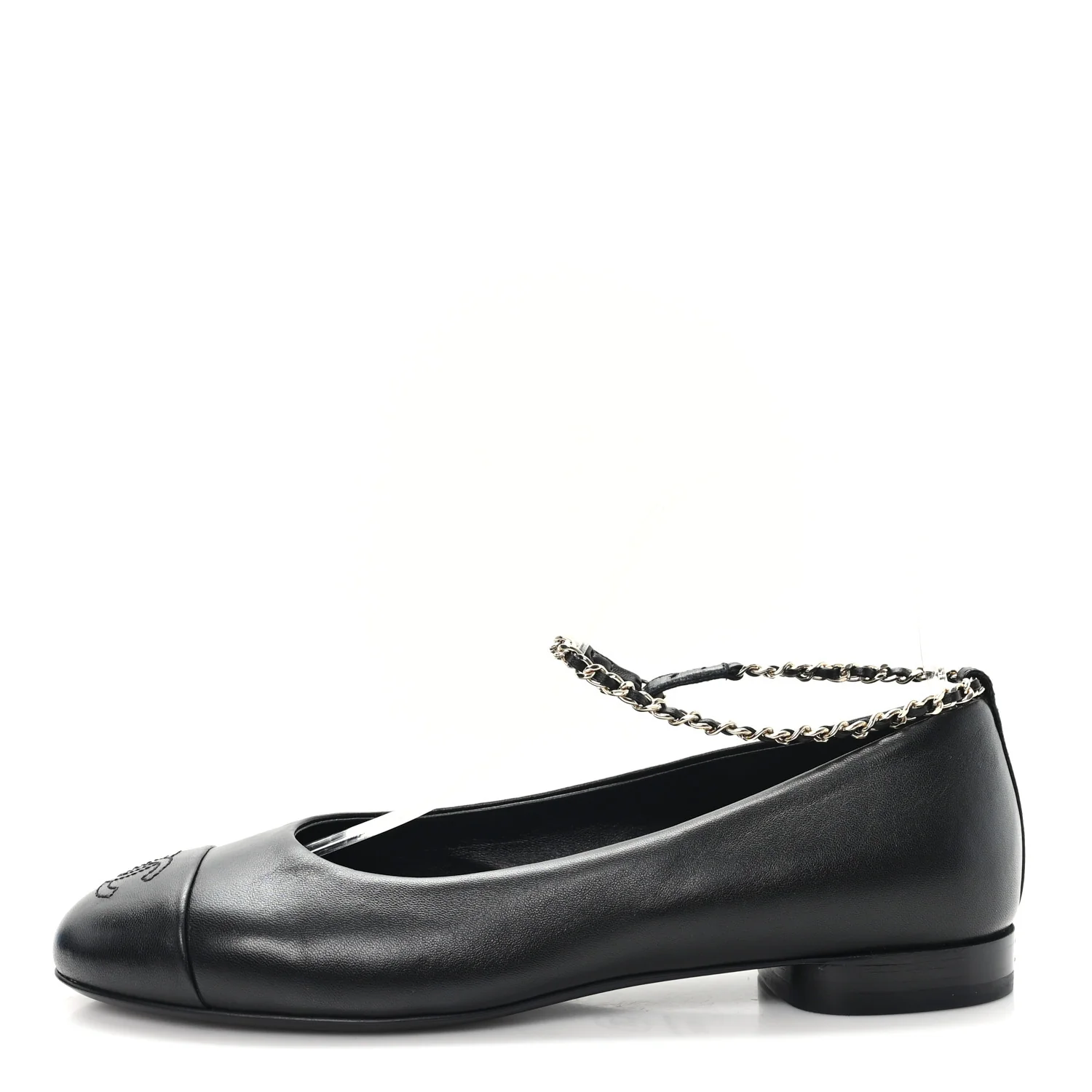 Lambskin Cap Toe CC Ankle Chain Ballerina Flats 36.5 Black