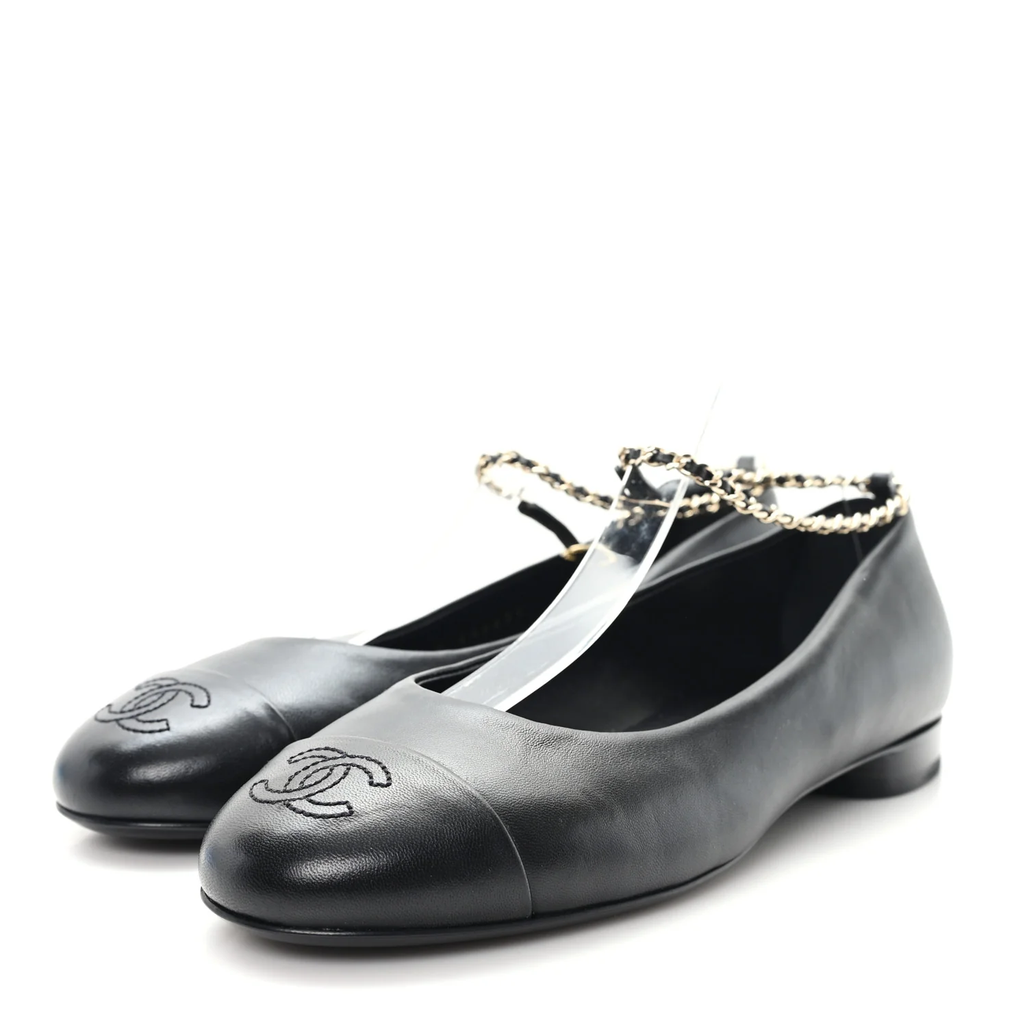 Lambskin Cap Toe CC Ankle Chain Ballerina Flats 36.5 Black - Image 4