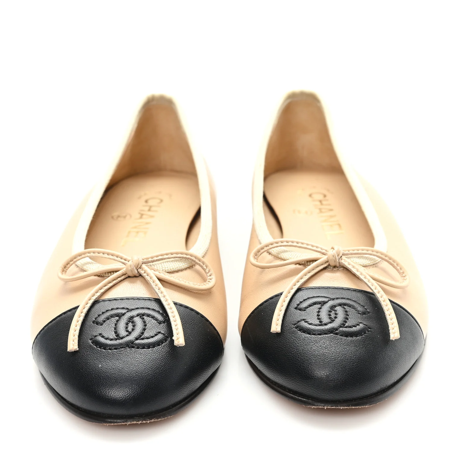 Lambskin Cap Toe CC Ballerina Flats 35 Beige Black - Image 3