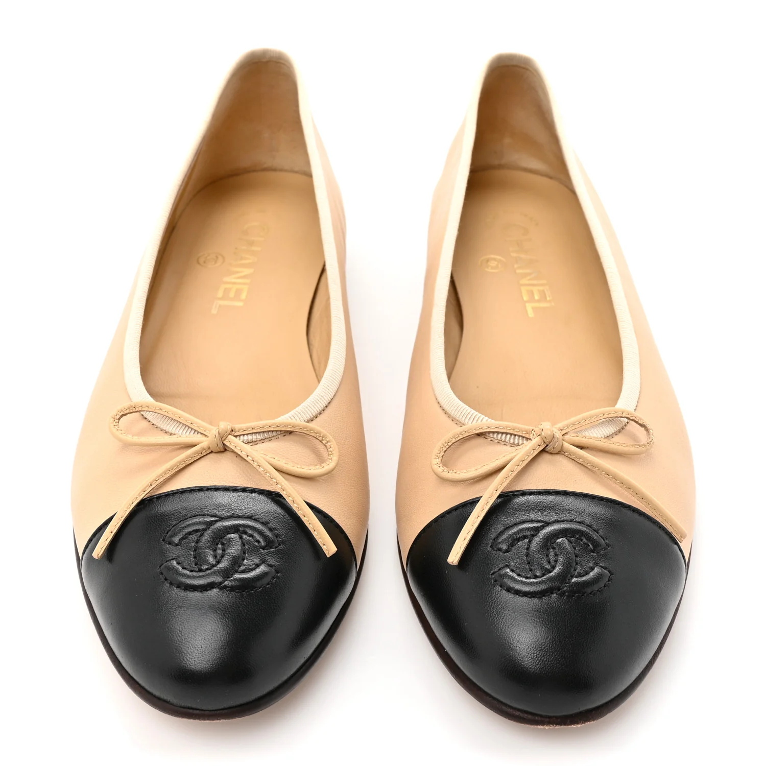 Lambskin Cap Toe CC Ballerina Flats 38 Beige Black - Image 3