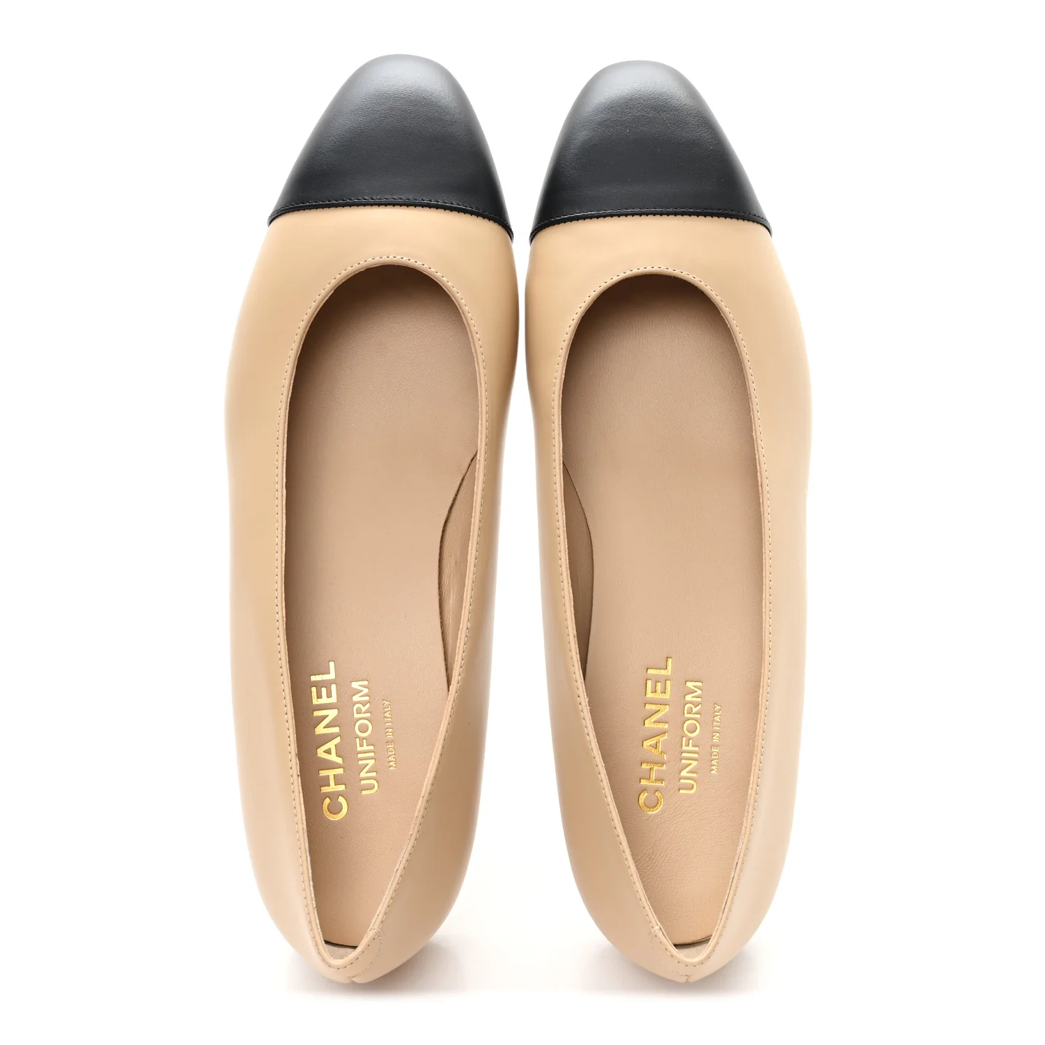Lambskin Cap Toe CC Uniform Ballerina Flats 39.5 Beige Black - Image 3