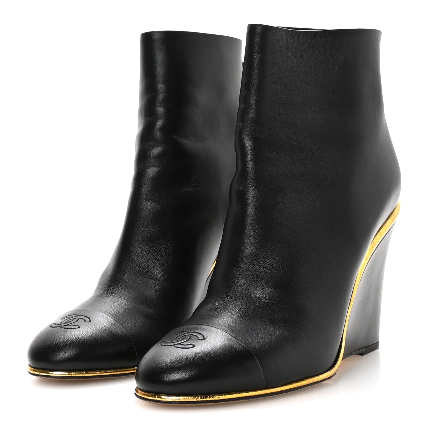 Lambskin Cap Toe Wedge Ankle Boots 38.5 Black - Image 4
