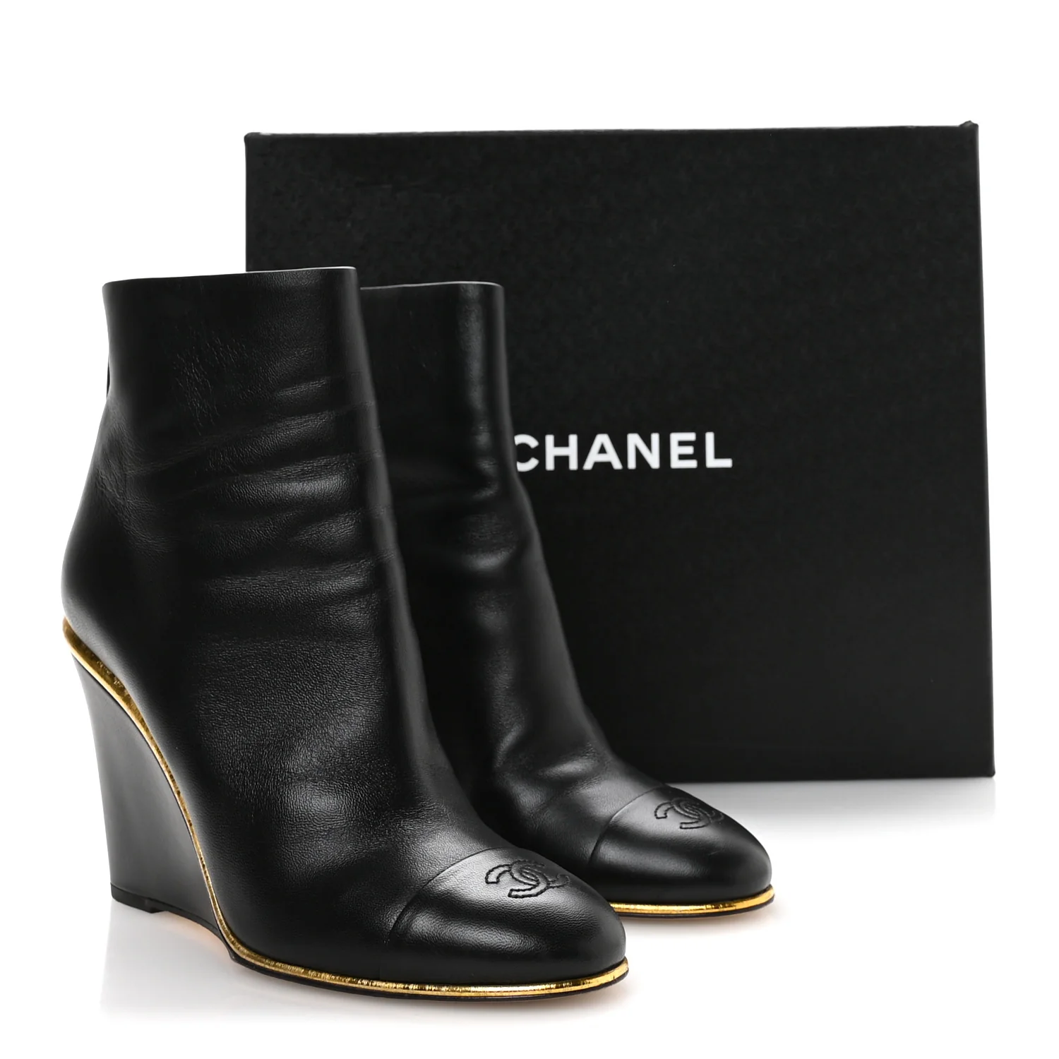 Lambskin Cap Toe Wedge Ankle Boots 38.5 Black - Image 9
