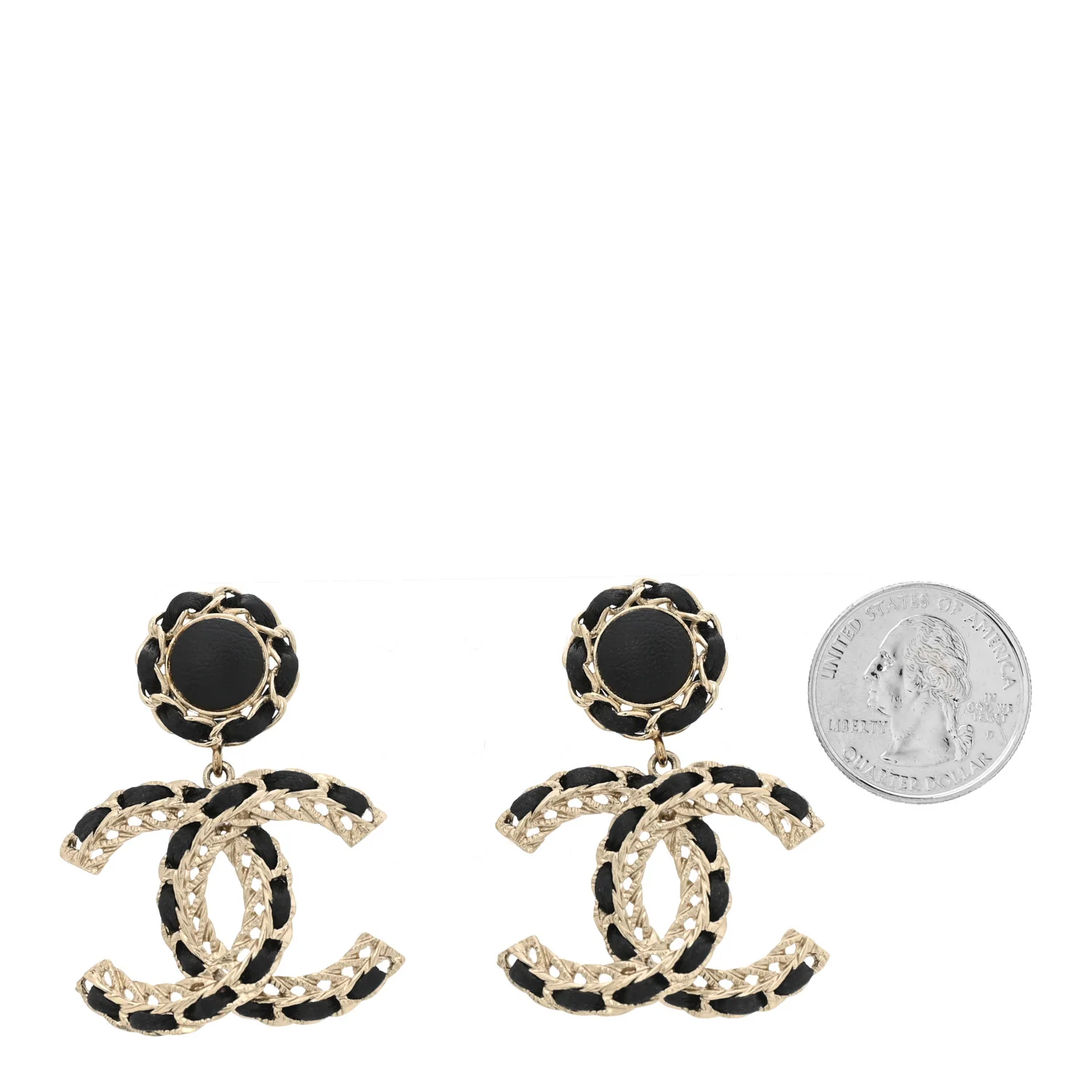 Lambskin CC Chain Drop Earrings Black Gold - Image 2