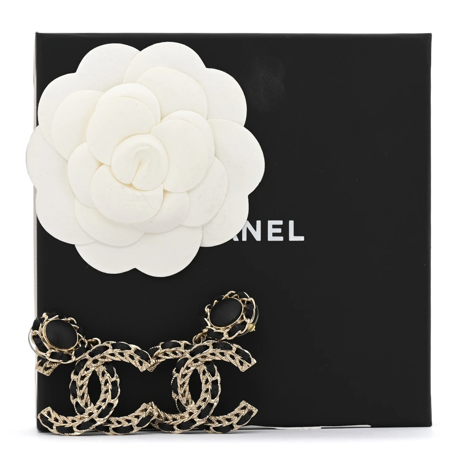 Lambskin CC Chain Drop Earrings Black Gold - Image 5