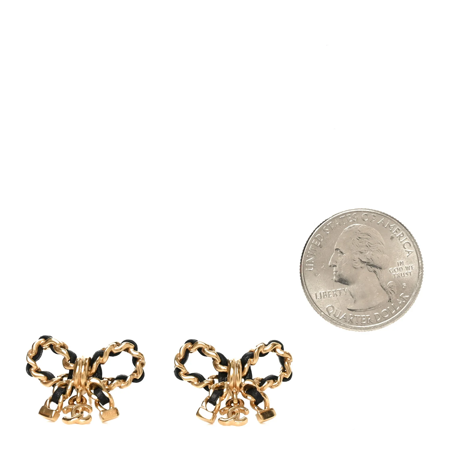 Lambskin Chain Bow Stud Earrings Black Gold - Image 2