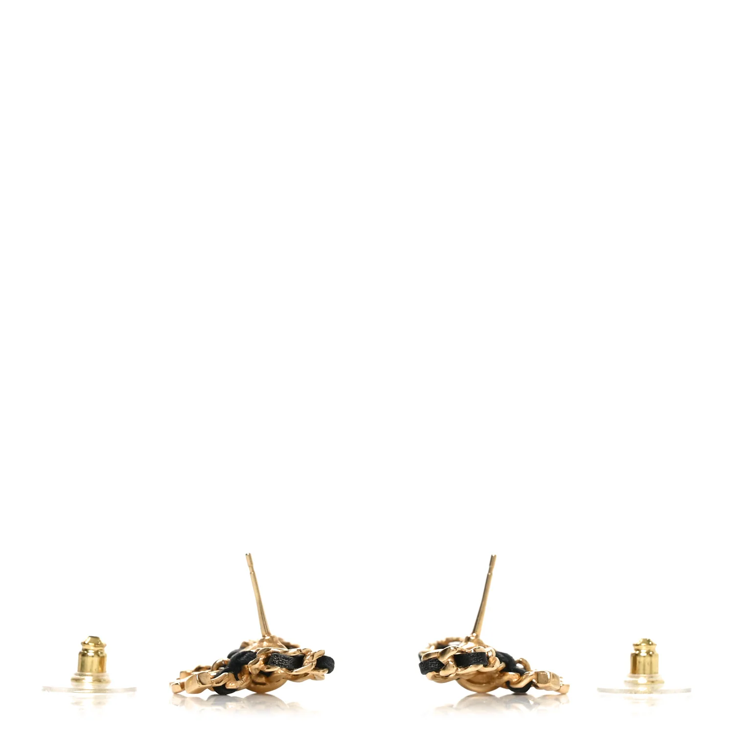 Lambskin Chain Bow Stud Earrings Black Gold - Image 3
