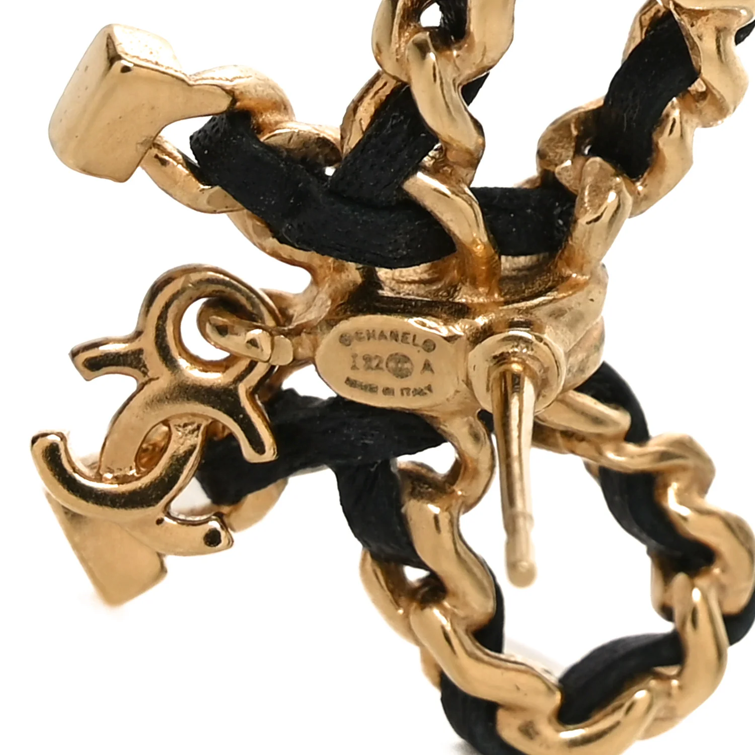 Lambskin Chain Bow Stud Earrings Black Gold - Image 4